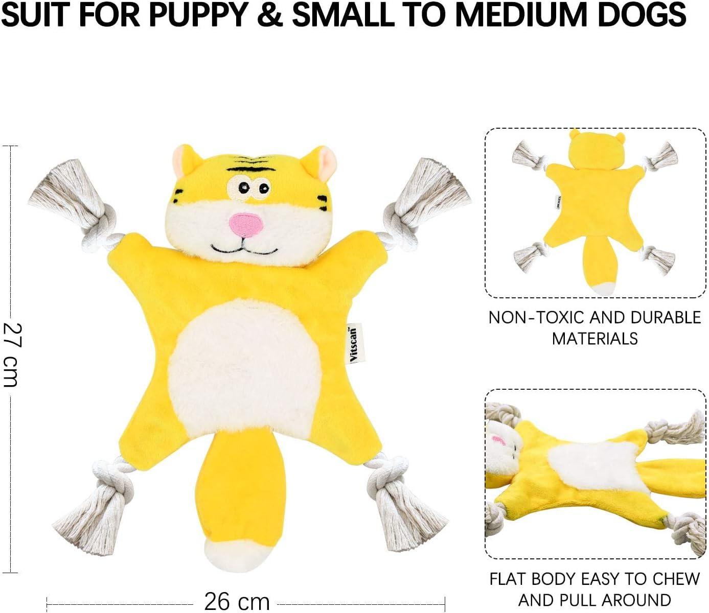 Durable Dog Chew Toys for Aggressive Chewers - Small Breed Puppy Teething Toys with Squeaker & Crinkle Sounds, No Stuffing Tiger Design - Perfect for Puppy Training, Indoor Playtime and Anxiety Relief