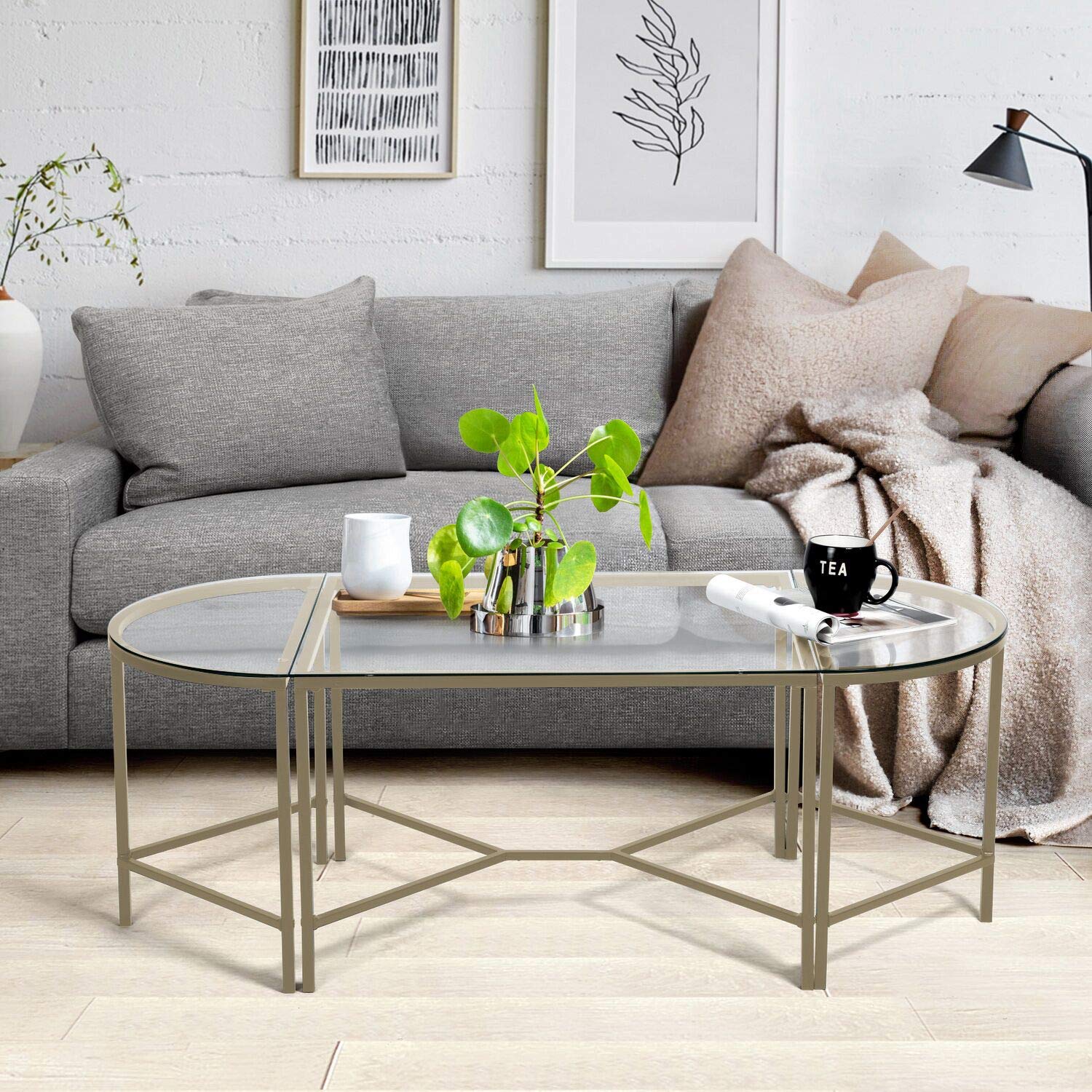 Modern 3-Piece Glass Coffee Table Set - Clear Tempered Glass Top with Gold Metal Frames, Rectangular Center Table & Round Side Tables for Living Room - Easy Assembly Home Lounge Furniture for Apartments, Dorms & Office Spaces