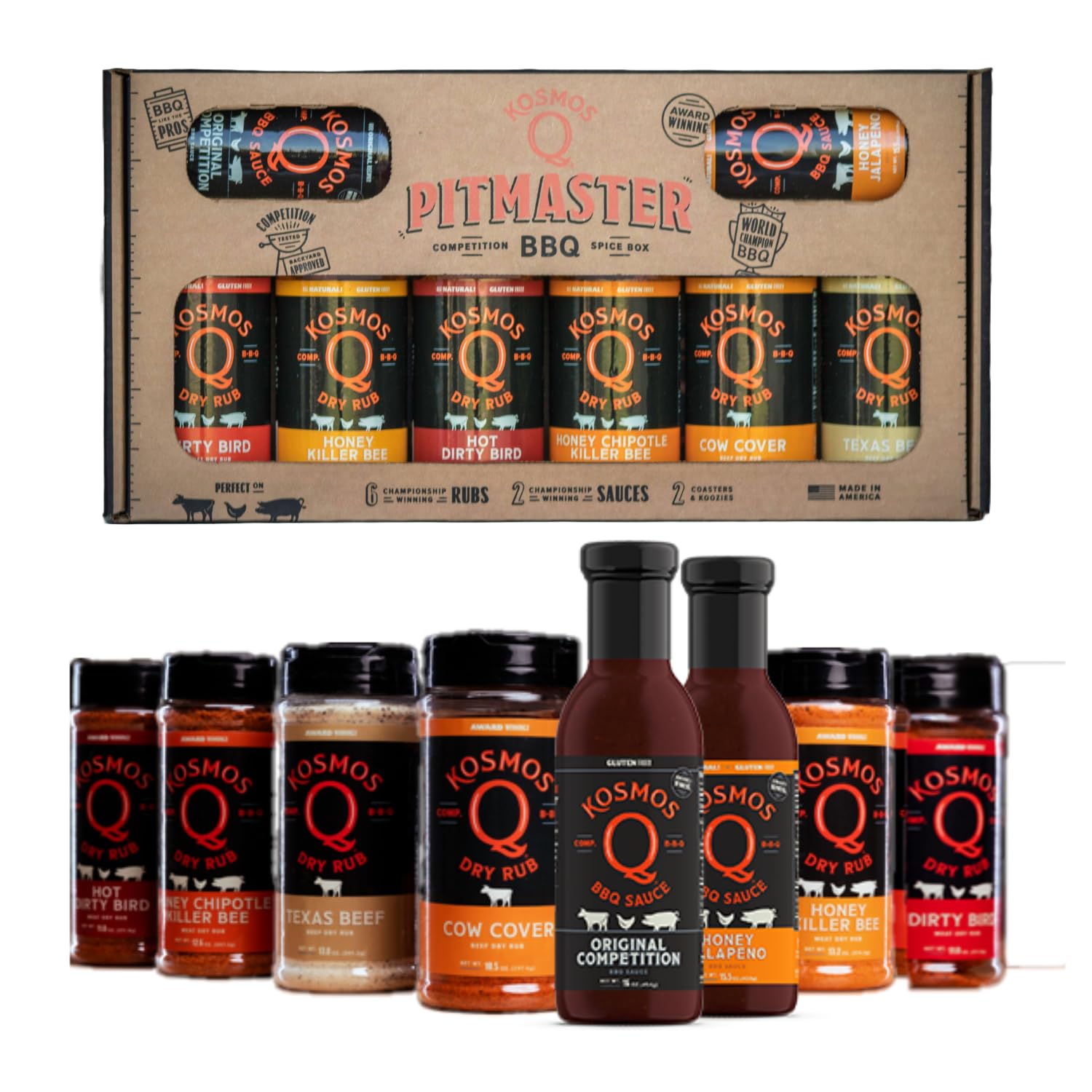 Kosmos Q Pitmaster BBQ Sauce & Spices Gift Set - 8-Piece Grill Seasoning Kit with Barbecue Sauce & Meat Rubs (8 Flavors) - Perfect for Backyard Grilling, Tailgating & BBQ Parties