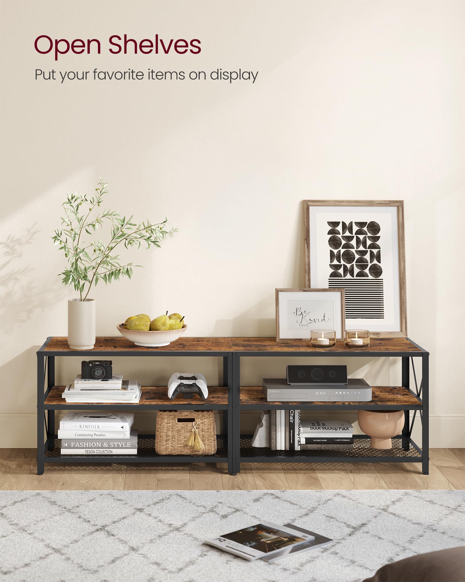 VASAGLE 70 Inch TV Stand with 3-Tier Shelves, Industrial Style TV Console Table with Steel Frame, Rustic Brown & Black Entertainment Center for Living Room - Perfect for Home Theater Setup & Media Storage