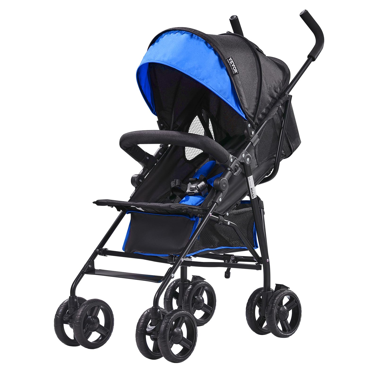 VEVOR Lightweight Baby Stroller - Compact Foldable Design with Multi-Position Recline, Adjustable Canopy & Backrest, Carbon Steel Frame, Large Storage Basket | Perfect for Travel, Shopping & Daily Walks (Black/Blue)