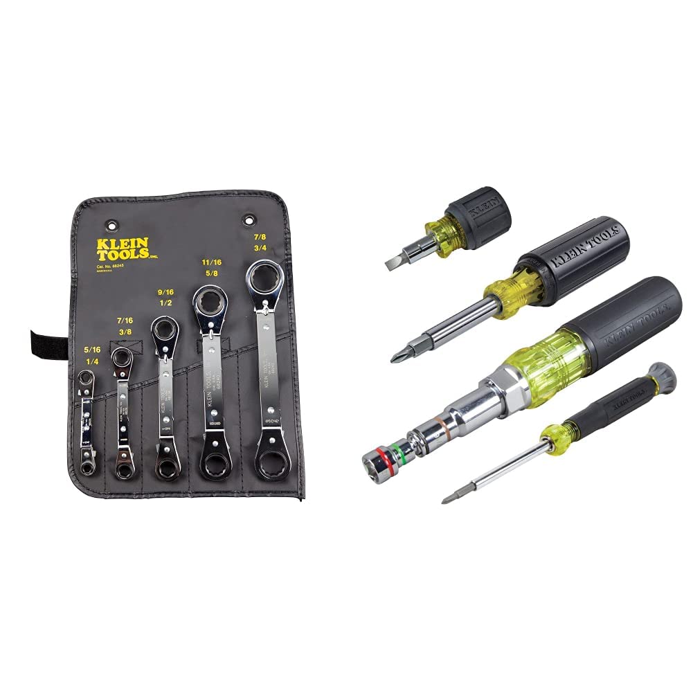 Klein Tools 68245 Reversible Ratcheting Box Wrench Set (5-Piece, Black) & 80019 Multi-Bit Screwdriver and Nut Driver Tool Kit (28 Industrial Strength Bits, 4-Piece) - Professional Mechanic Tools for Automotive Repair, Plumbing, and DIY Home Improvement Projects