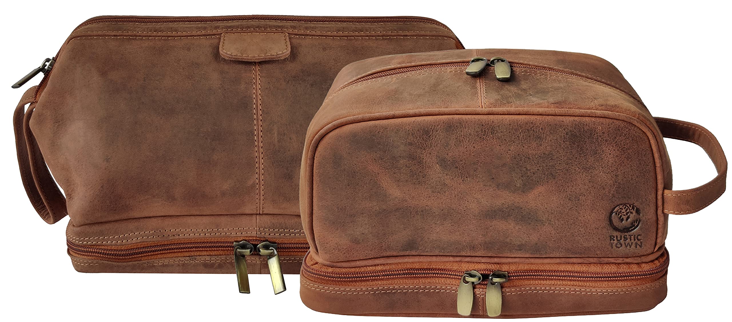 RUSTIC TOWN Genuine Leather Toiletry Bag Set - Premium Travel Organizer for Men & Women | Perfect Gift for Business Trips, Camping & Vacation Essentials