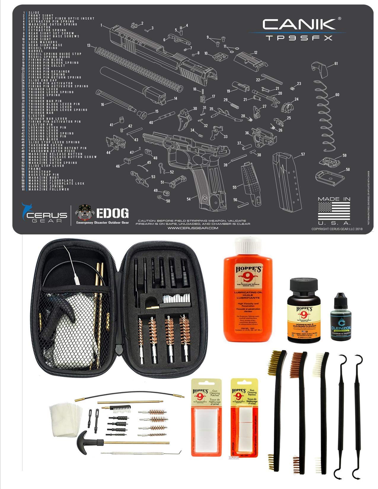 Canik TP9 SFX Gun Cleaning Kit - Pistol Maintenance Set with Cleaning Mat, Hoppes Oil, Solvent, CLP Cleaner, Brushes & Patches for 9mm & .45 Caliber - Perfect for Range Days & Home Gun Care