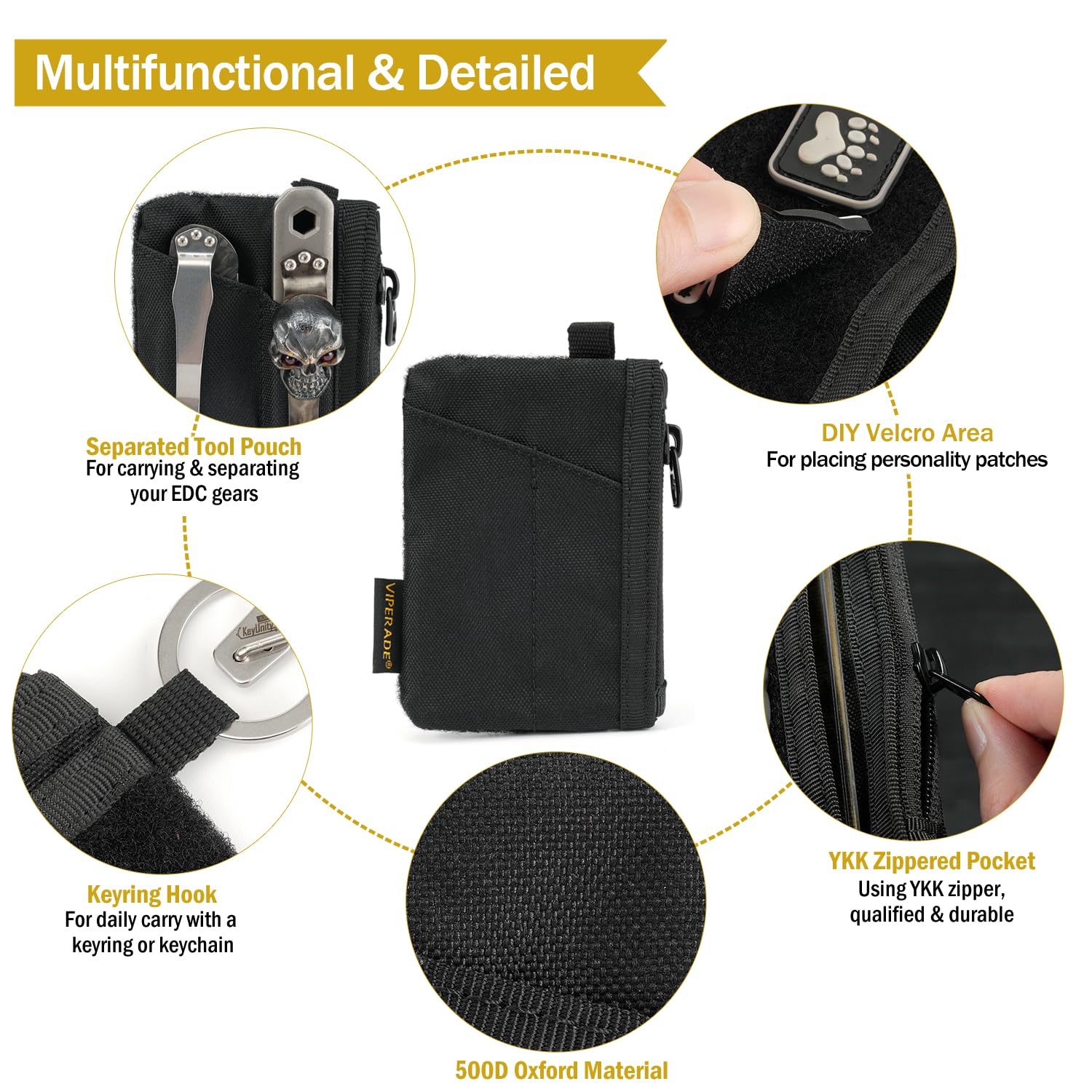 VIPERADE VE17 Mini EDC Pocket Pouch - 4-Pocket Compact Organizer with Hook & Loop Closure - Small Multitool Pouch for Everyday Carry (Black) | Perfect for Tactical Gear, Camping, Hiking & Outdoor Adventures
