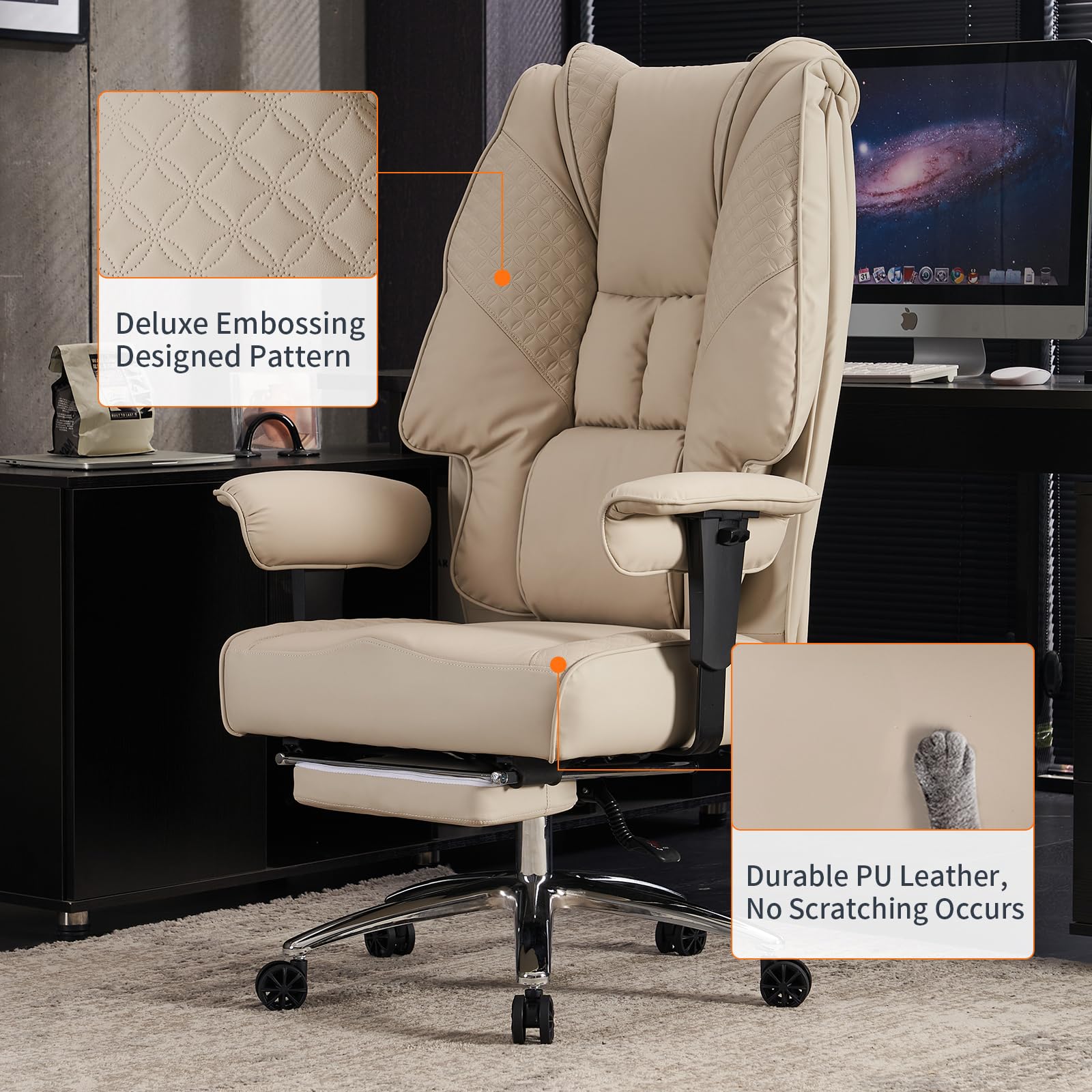Big and Tall Office Chair 400lbs Capacity - Wide Seat Leather Executive Chair with Adjustable Lumbar Support & Footrest - Ergonomic High Back Computer Chair for Back Pain Relief (Beige) - Perfect for Home Office, Gaming, and Long Work Sessions