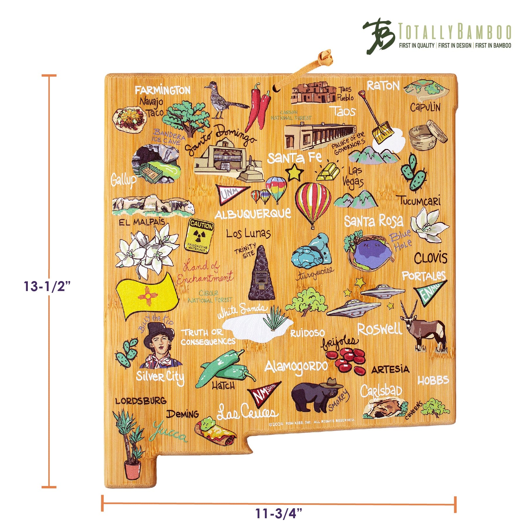 Premium New Mexico Themed Wooden Cutting Board with Fish Kiss™ Artwork - Durable Kitchen Essential for Chopping, Serving & Decorating