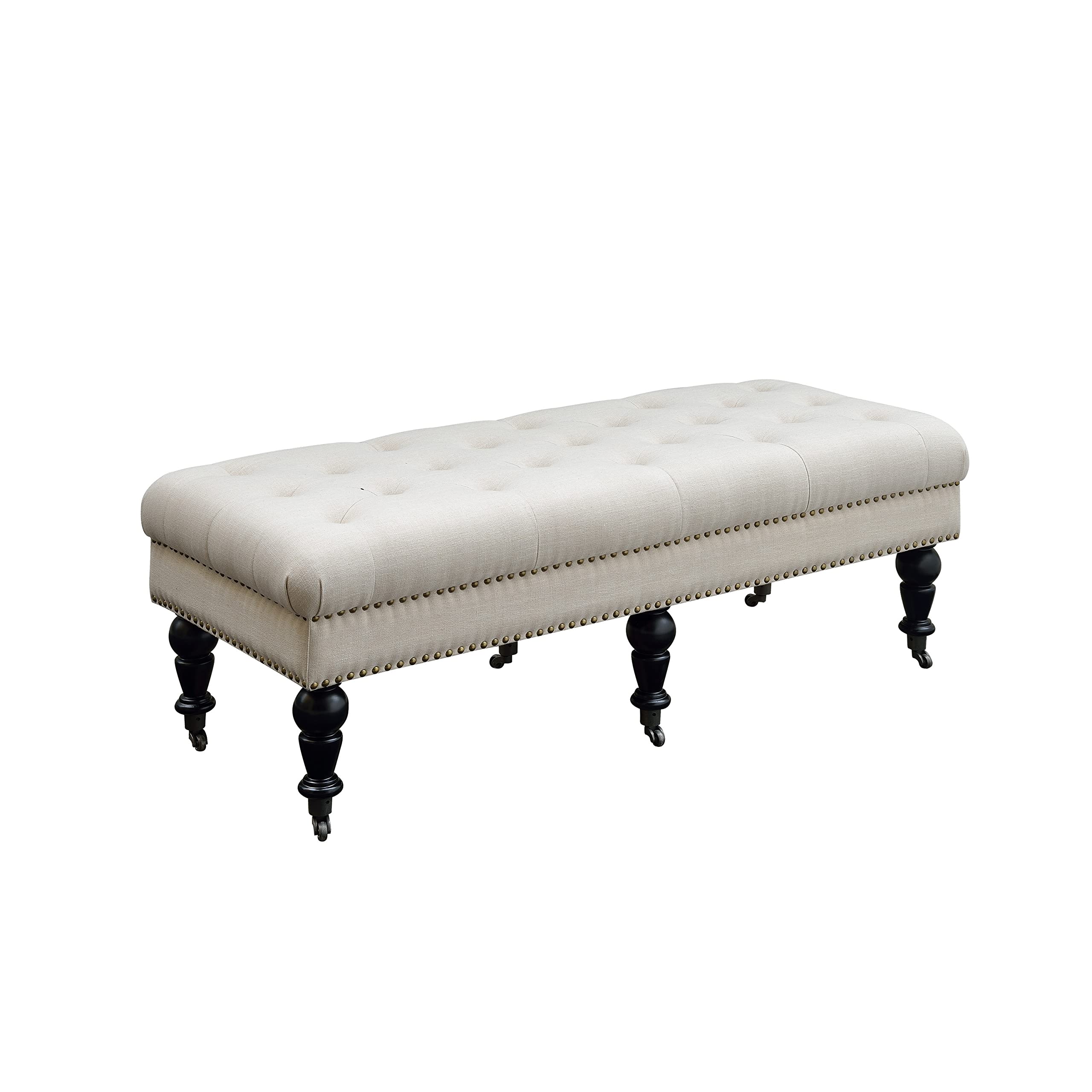 Benjara Button Tufted Bench with Caster Wheels - Upholstered Storage Ottoman in Black & Beige | Perfect for Living Room, Bedroom, or Entryway Seating