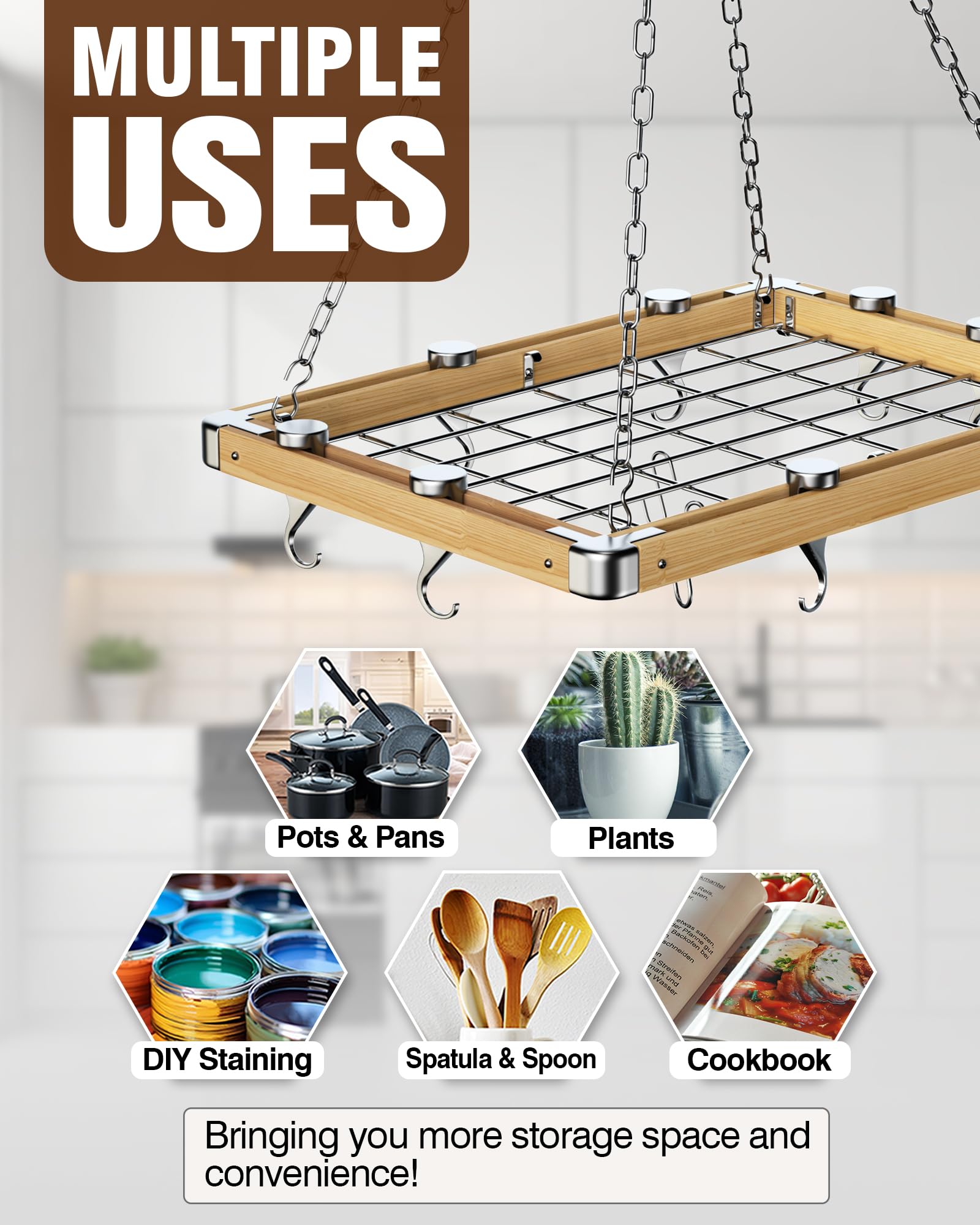 **Cooks Standard 24x18 Inch Brown Wooden Ceiling Mounted Pot Rack – Space-Saving Kitchen Storage for Pots, Pans & Utensils**