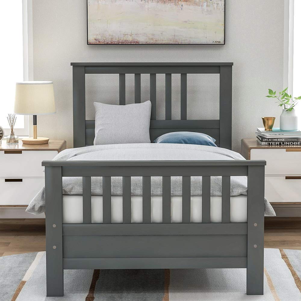 Twin Size Wood Platform Bed Frame with Headboard & Footboard - Sturdy Wood Slat Support, No Box Spring Needed - Perfect for Kids Bedroom, Guest Room & Small Spaces (Gray)