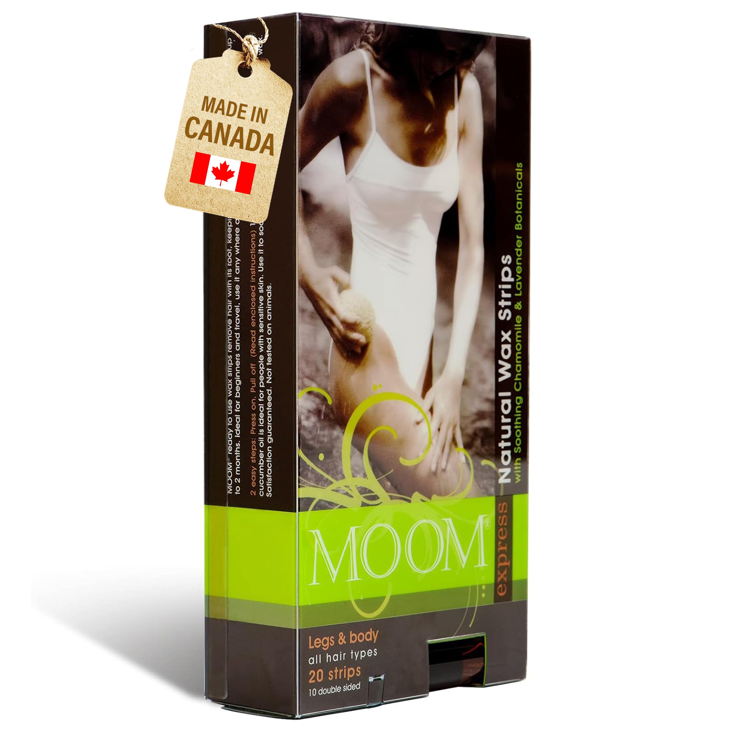 MOOM Express Wax Strips with Chamomile & Lavender - Hair Removal Kit for Legs, Bikini, Face & Body - Includes 10 Double-Sided Strips (20 Count) & Finishing Oil - Perfect for At-Home Smooth Skin Care & Quick Hair Removal