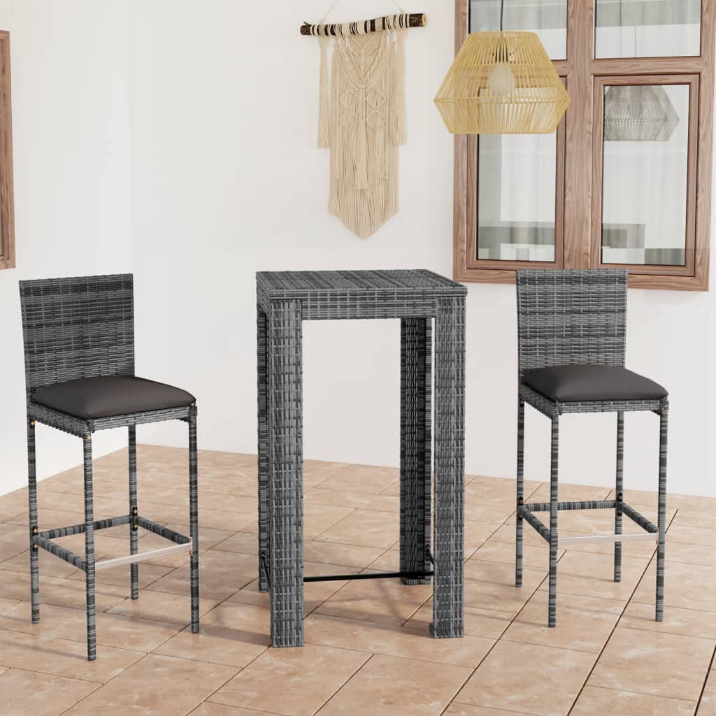 CHARMMA 3-Piece Patio Bar Set with Weather-Resistant Poly Rattan & Cushions - Modern Gray Outdoor Furniture (23.8KG) - Perfect for Backyard, Garden, Balcony or Poolside Relaxation