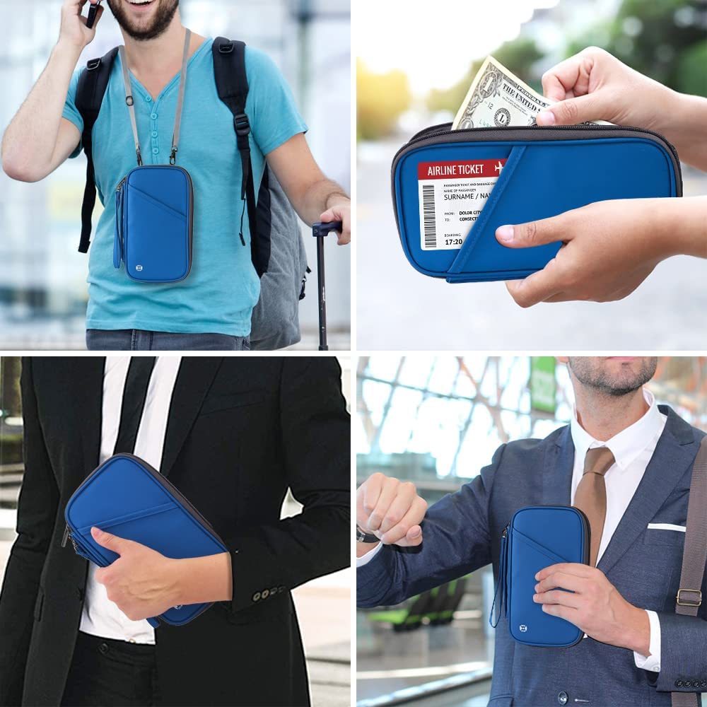 RFID Blocking Passport Holder for Family - Large Travel Wallet with Zipper Pocket | Lightweight Document Organizer | Passport Card Cover (Blue) | Perfect for International Travel & Airport Security