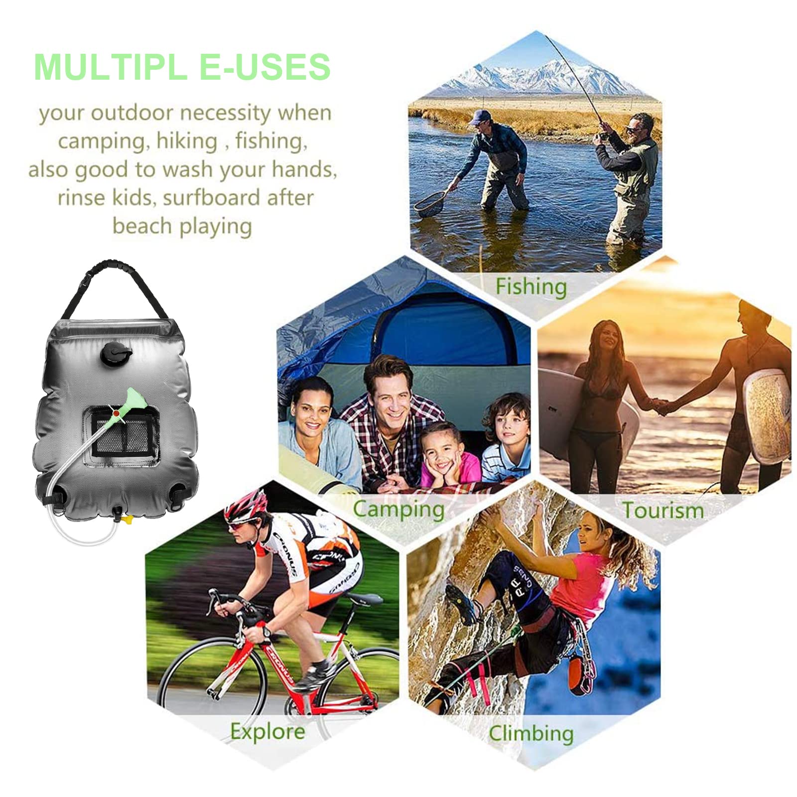 5 Gallon Solar Shower Bag - Portable 20L Camping Shower with Removable Hose & On/Off Switchable Shower Head - Ideal for Beach, Swimming, Hiking, RV Trips and Outdoor Adventures