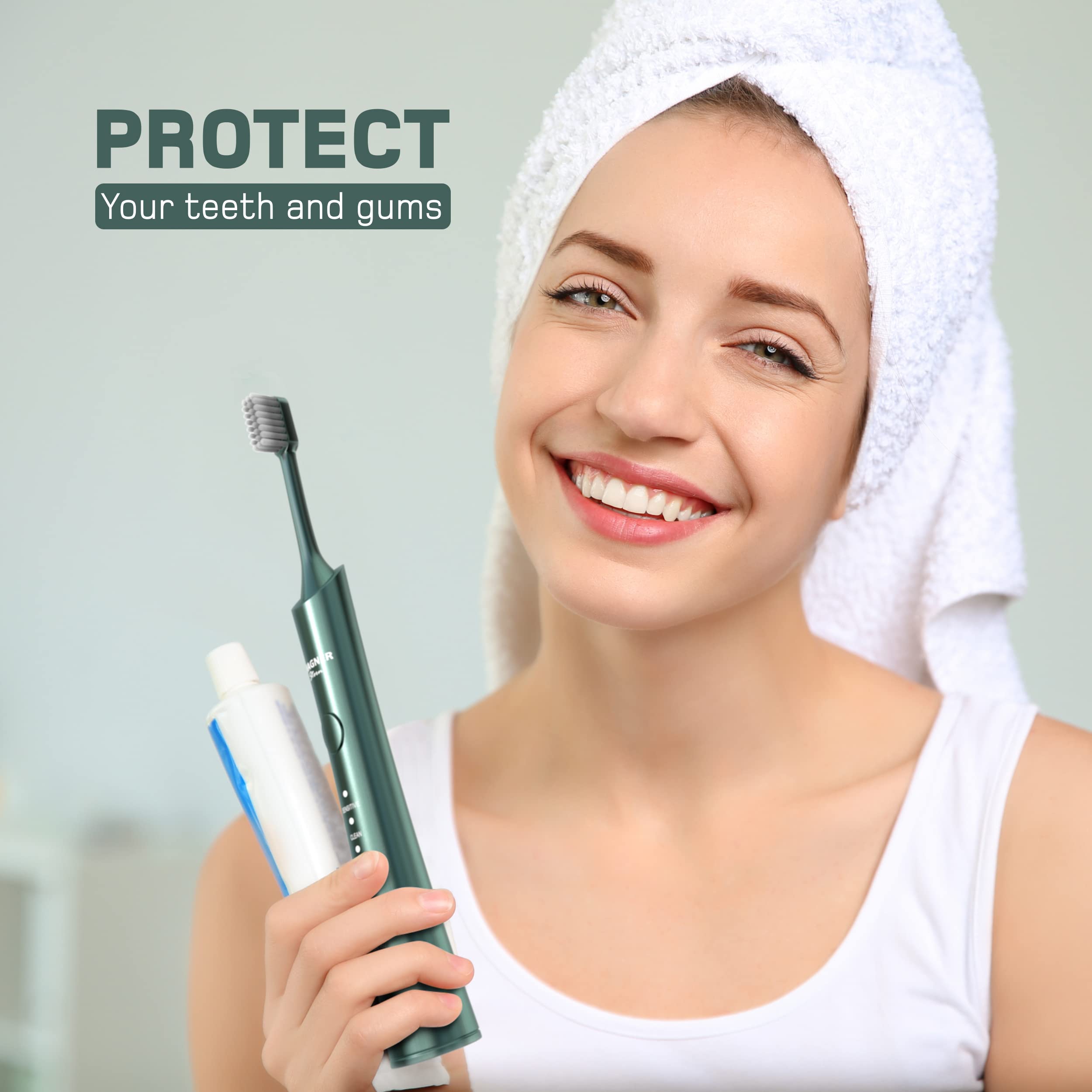 Wagner Stern Ultrasonic Whitening Electric Toothbrush with 8 Charcoal Black Brush Heads - Fresh Breath & Healthy Smile (Green) | Perfect for Travel, Home & Office Use