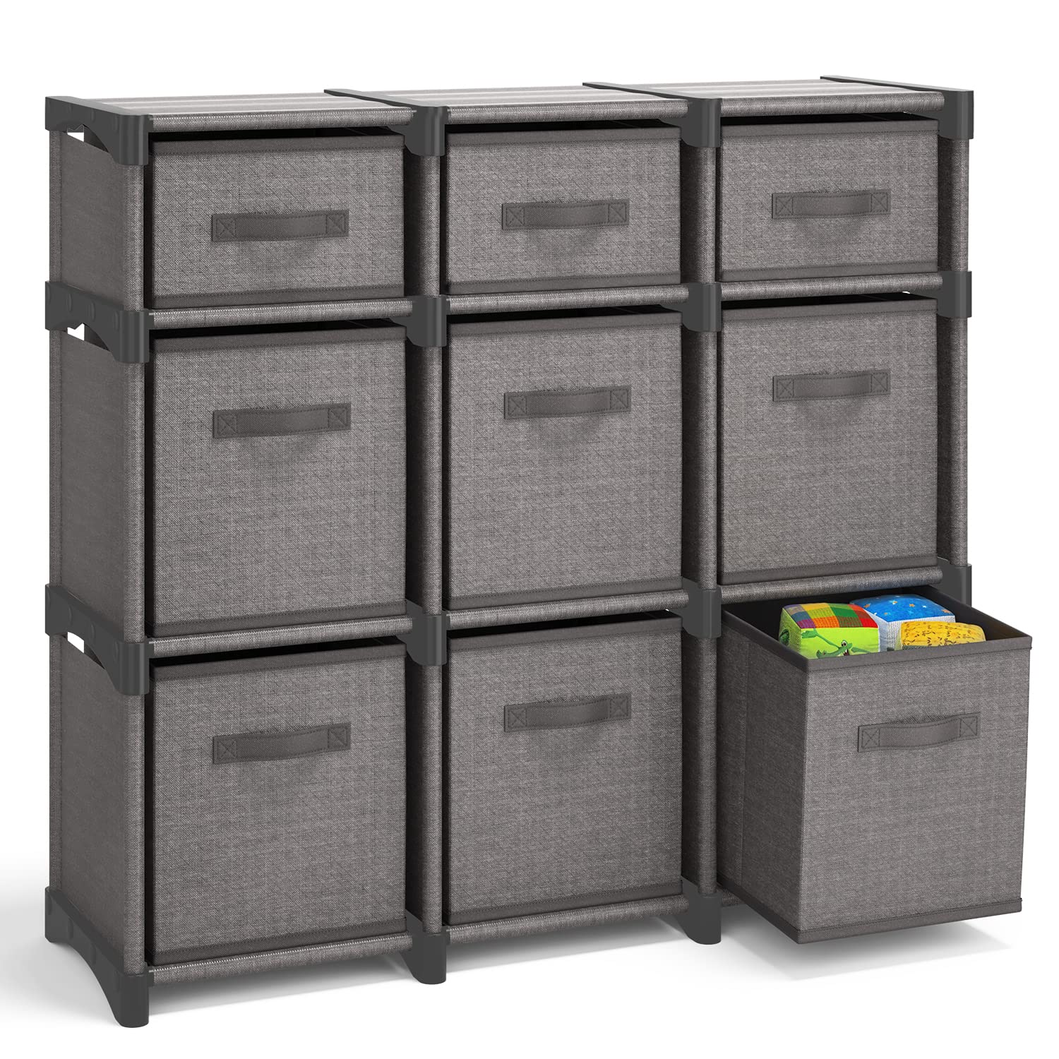 9-Cube Storage Organizer Shelf - Gray Fabric Storage Cubes with Sturdy Shelving Unit | DIY Modular Organizer for Bedroom, Playroom, Office & Dorm | Perfect for Toys, Books, Clothes & Home Organization (Black)