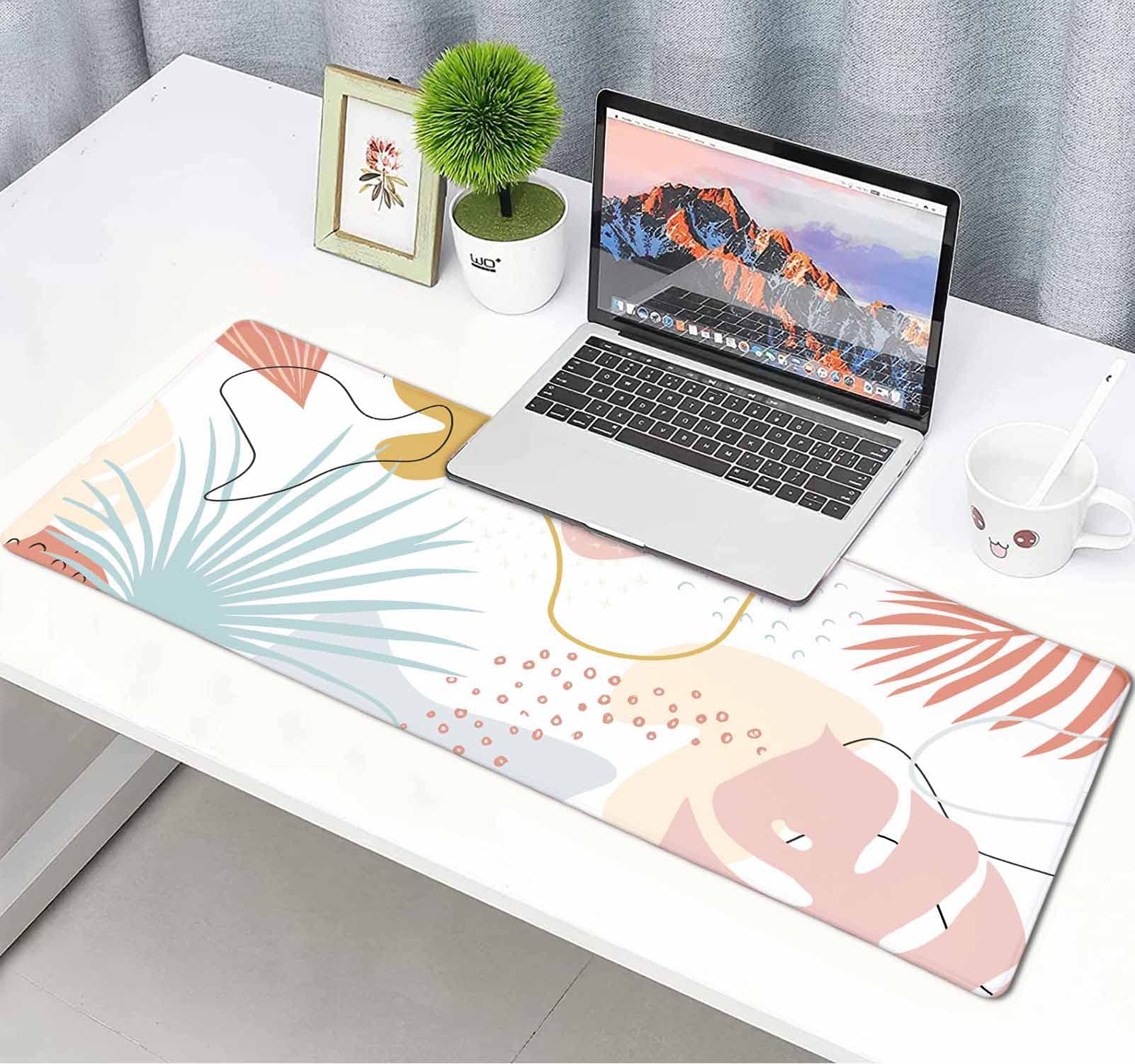 Pink and Blue Abstract Leaves Tropical Large Mouse Pad - Non-Slip Rubber Base with Stitched Edges - 31.5 x 11.8 Inch Desk Mat for Women - Perfect for Work, Laptop, Gaming & Office Decor