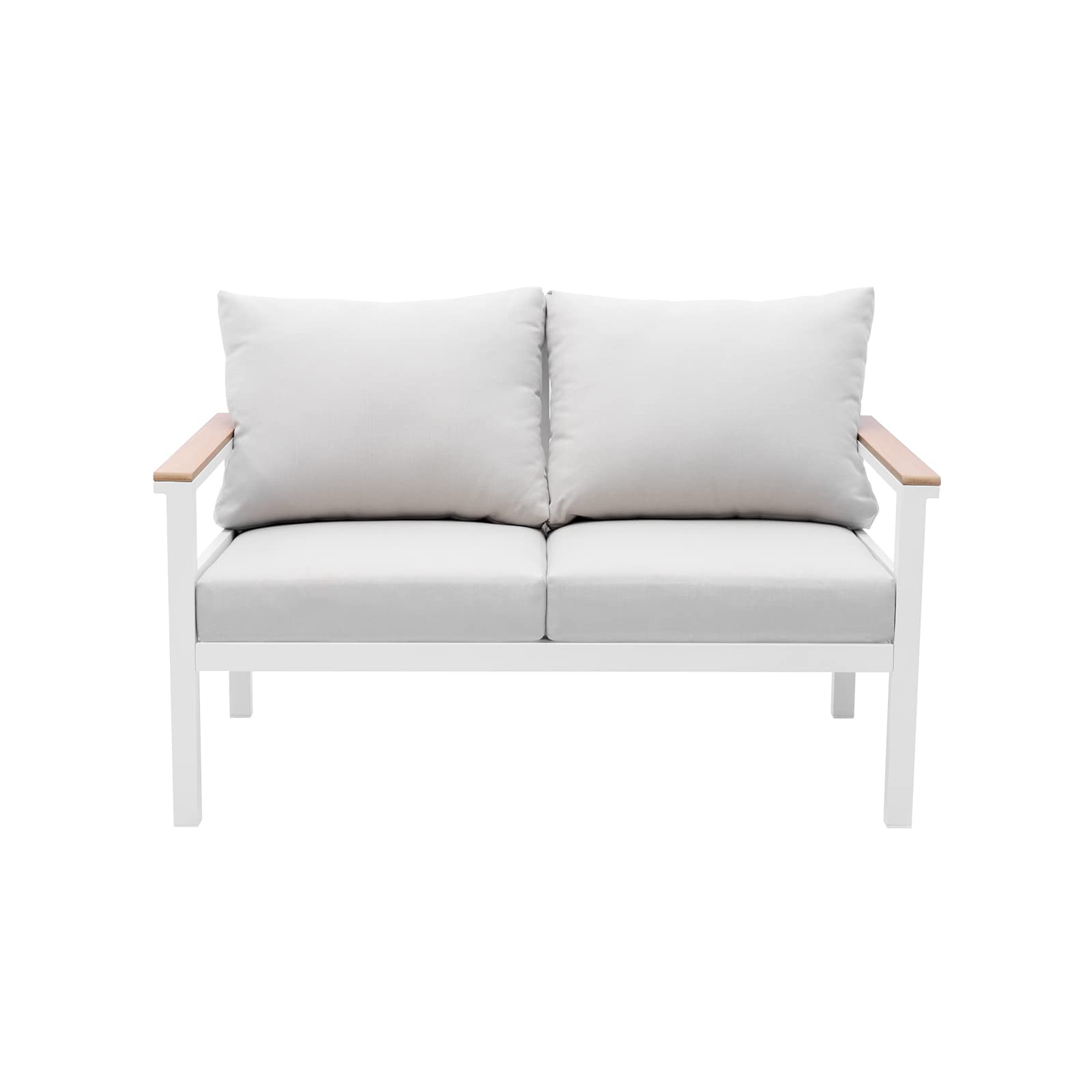 Outdoor Patio Furniture Set - 2 Seater Aluminum Loveseat Sofa with Beige All-Weather Cushions, White Frame - Perfect for Garden, Balcony, Backyard & Poolside Relaxation