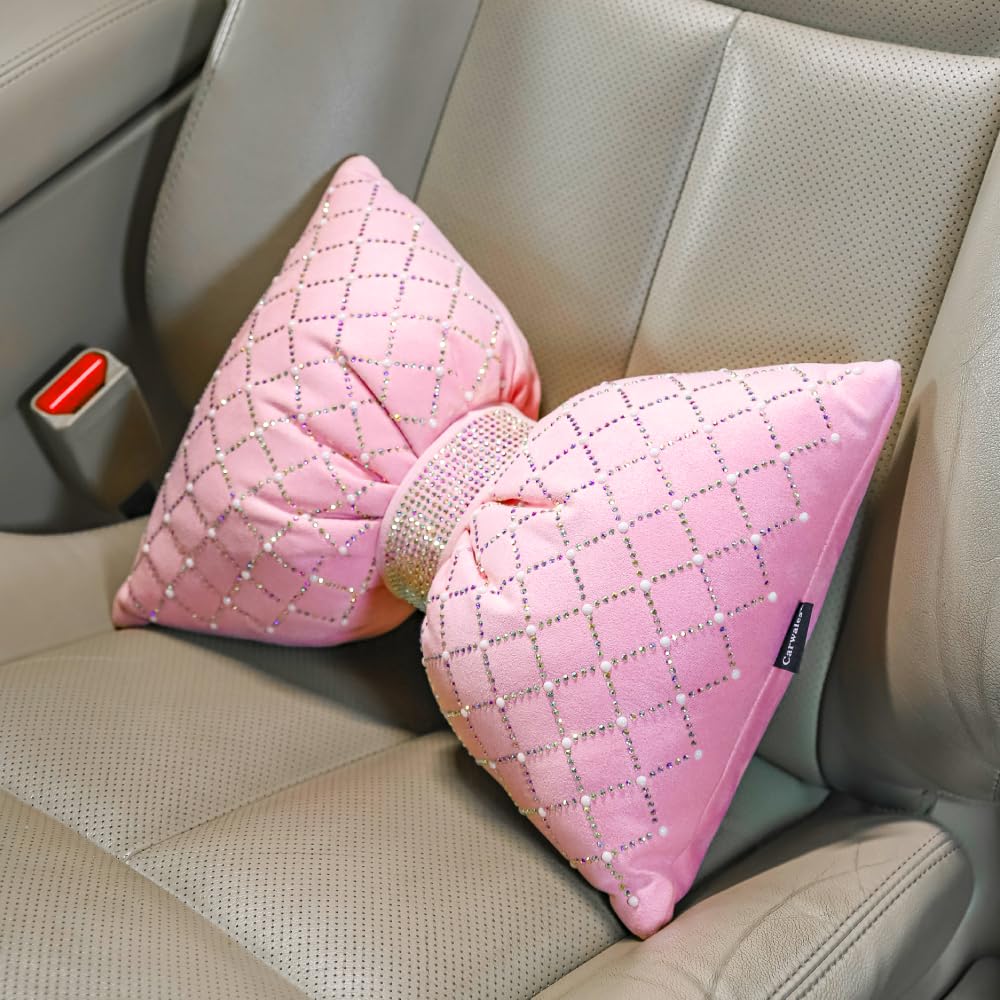Pink Rhinestone Bow Lumbar Support Pillow - Car Seat & Home Decor Cushion for Women (1 Pack) | Perfect for Office Chairs, Sofas, and Long Drives