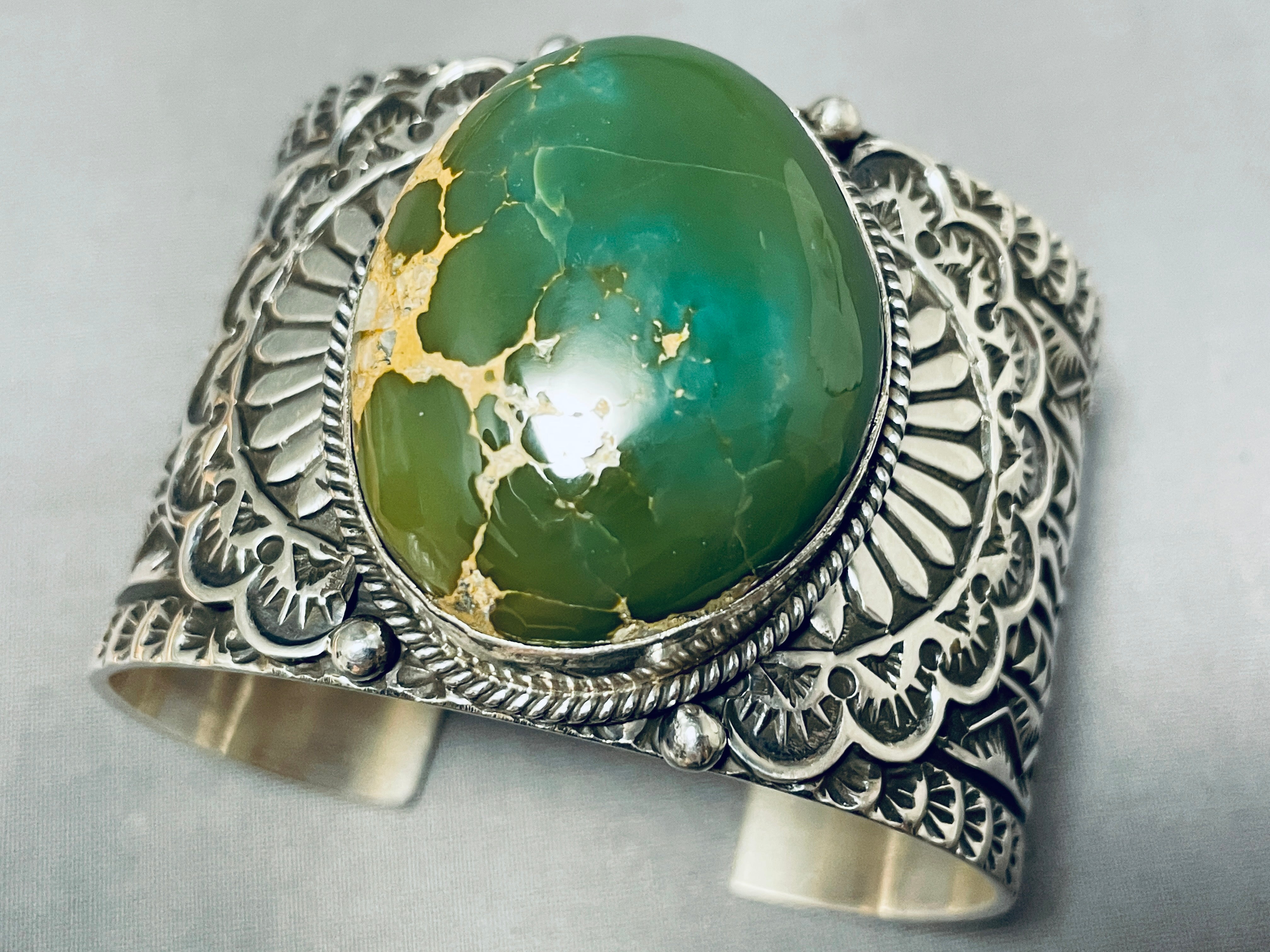 124 Gram Monster Men's Navajo Sterling Silver Bracelet with Green Turquoise - Handcrafted Native American Jewelry for Gifts, Fashion & Ceremonial Wear