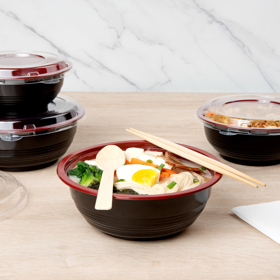 34oz Large Asian Panda Bowl with Clear Lid - Round Black & Red Plastic Microwave-Safe Food Storage Container (7.25