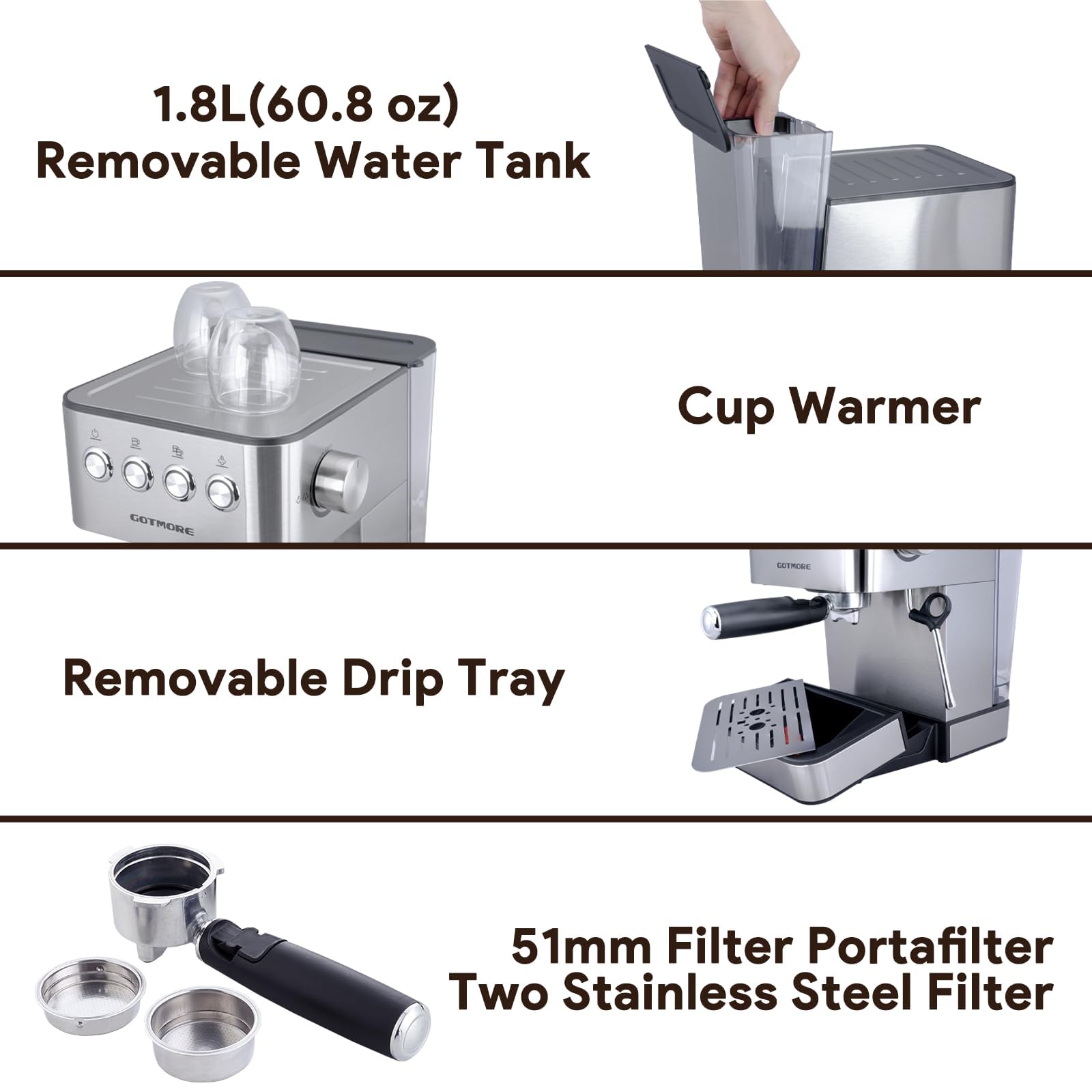 Professional Espresso Coffee Machine with Steam Milk Frother - Stainless Steel Home Espresso Maker for Cappuccino, Latte & Americano (60.8oz Removable Water Tank) | Perfect for Home Baristas & Coffee Lovers