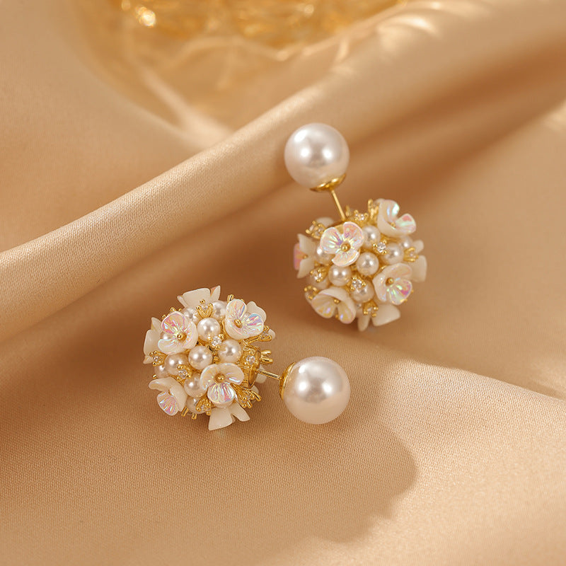 Elegant Pearl Flower Front Back Ear Jacket Earrings for Women | Dainty Pearl Stud Ear Cuff Jewelry | Perfect for Weddings, Parties & Everyday Wear (HE6351)