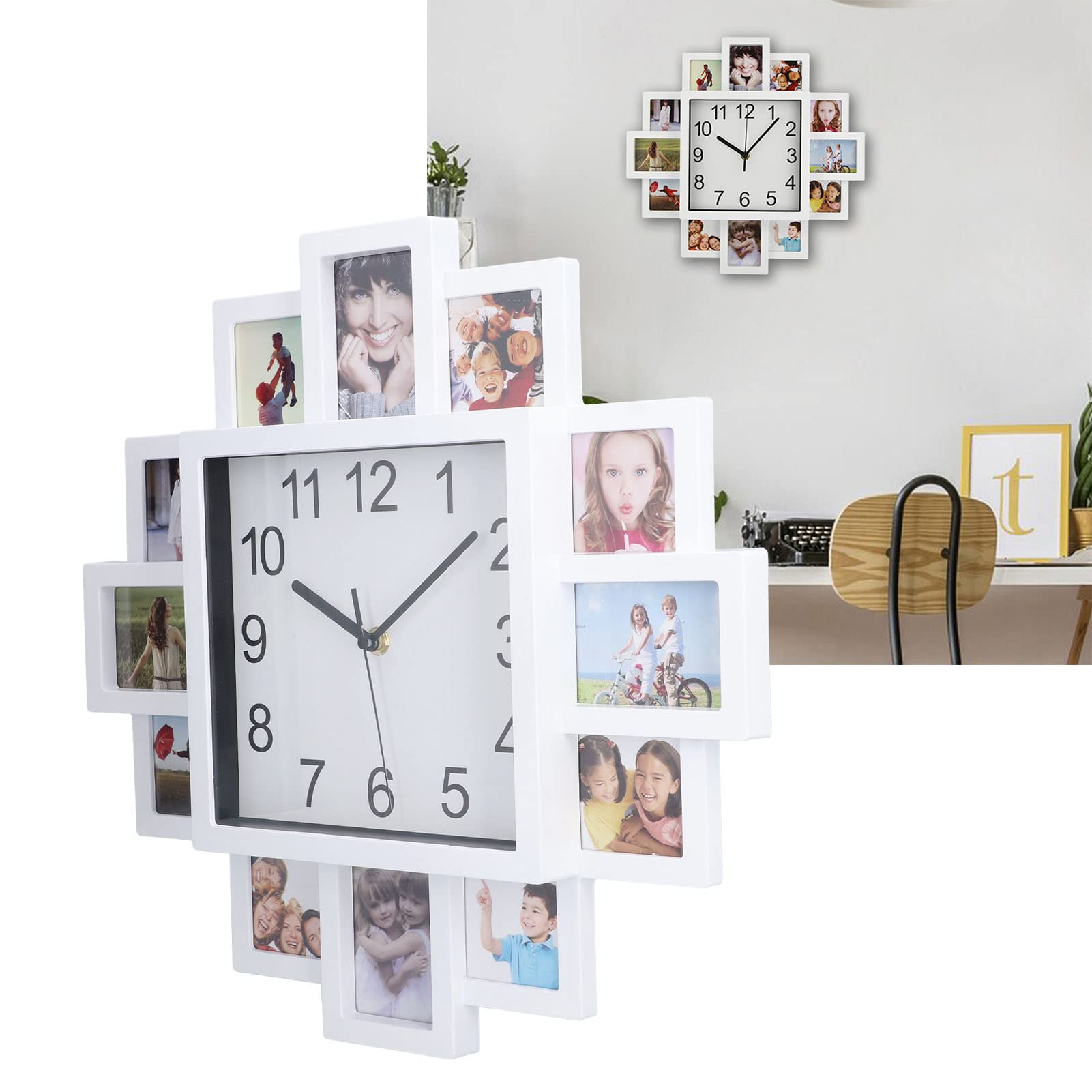 EBTOOLS 15.35 Inch White Photo Frame Wall Clock - DIY Customizable Multi Photo Clock for Home Decor | Perfect for Living Room, Bedroom & Office Wall Decor | Create Personalized Memories with Family Photos