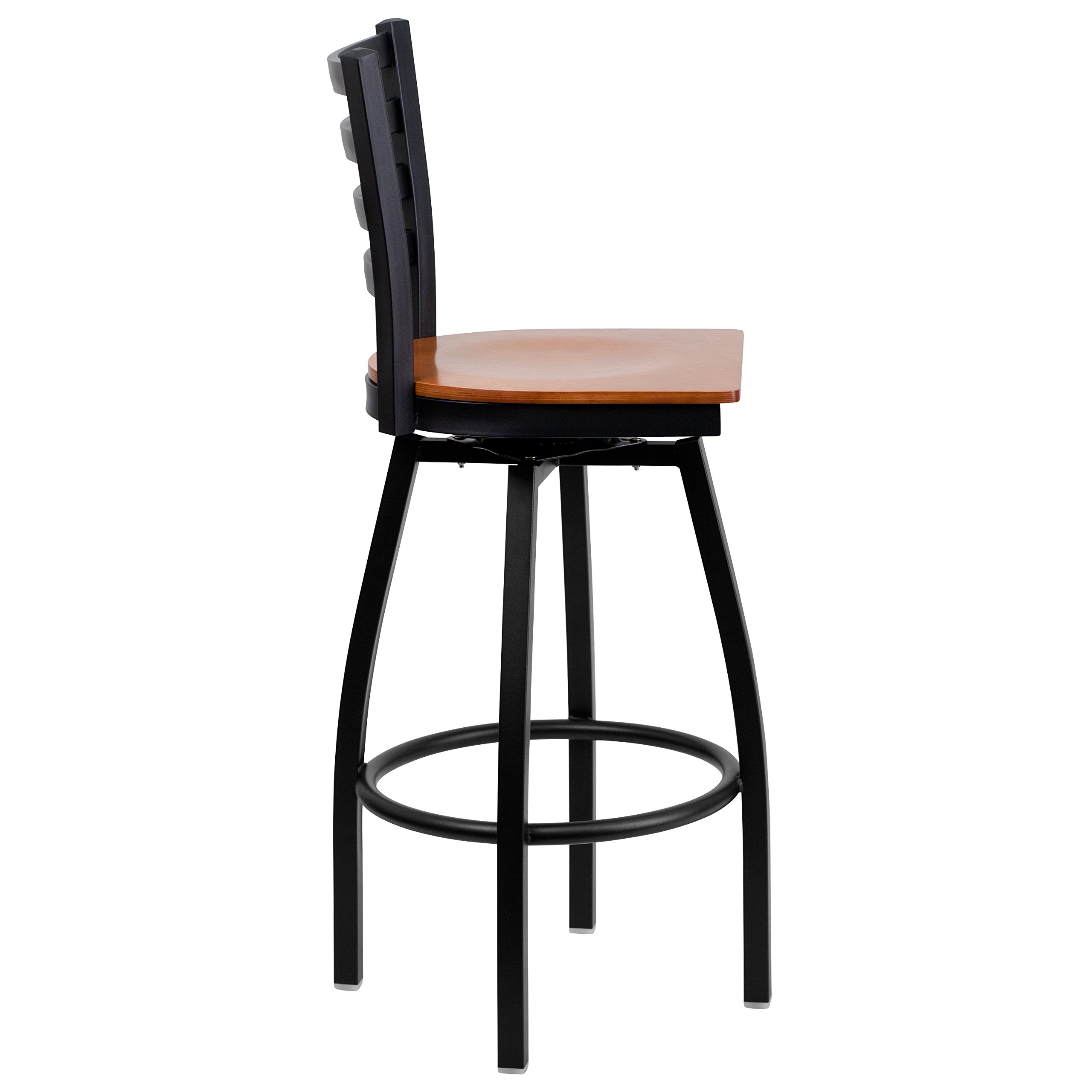 Black Metal Ladder Back Swivel Bar Stool with Cherry Wood Seat - Modern Kitchen Island & Home Bar Stool for Dining & Entertainment Areas