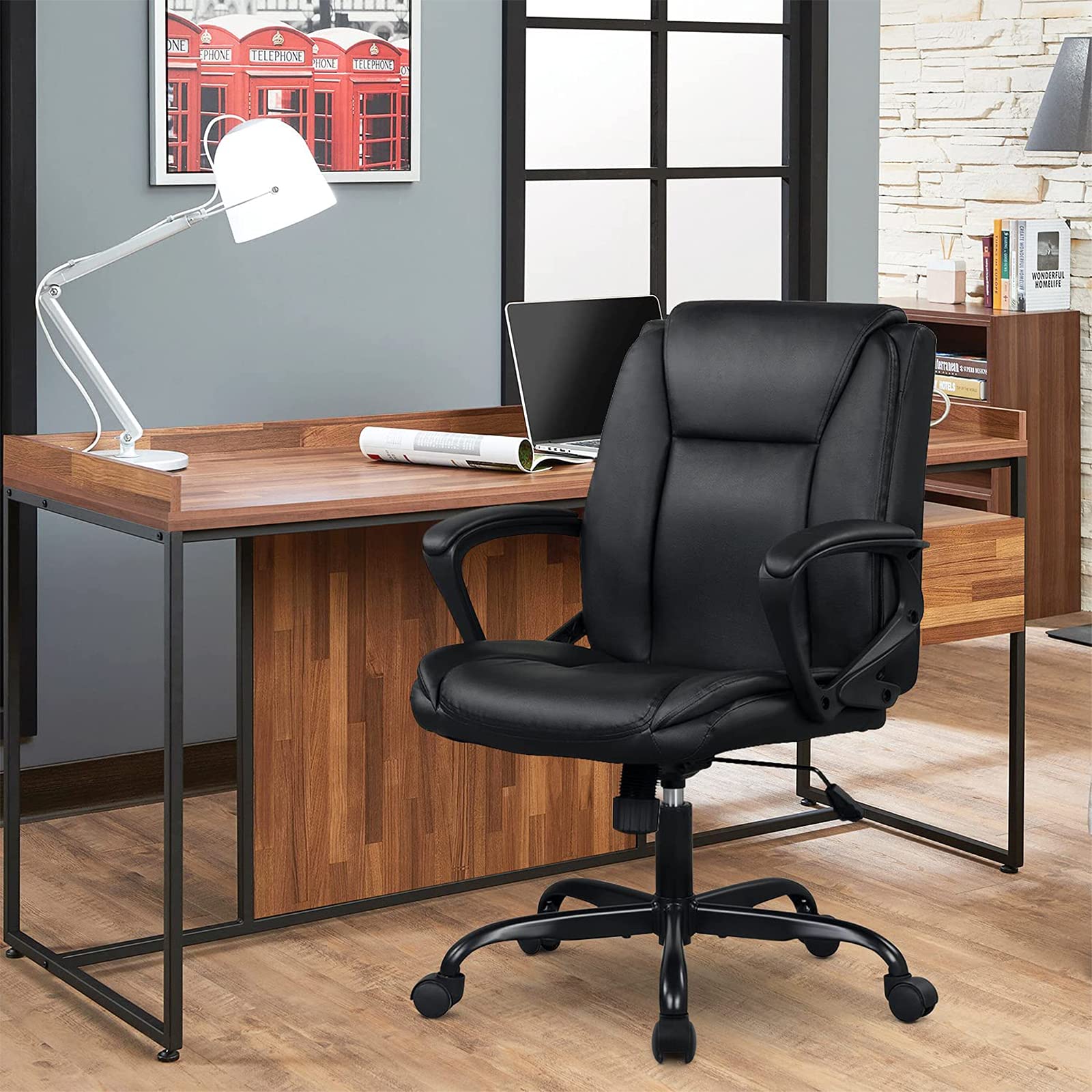 Ergonomic Home Office Chair - Adjustable Height PU Leather Desk Chair with Lumbar Support & Armrests - Mid Back Executive Swivel Rolling Task Chair for Computer Work (Black) - Perfect for Long Work Hours, Gaming, and Remote Work Setup