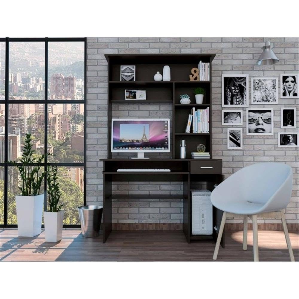 Weston 180 Two Computer Desk with Hutch - Black Office Desk with Retractable Keyboard Tray, Storage Drawer, CPU Stand & 6 Open Shelves | Perfect for Home Office, Gaming Setup & Small Workspaces