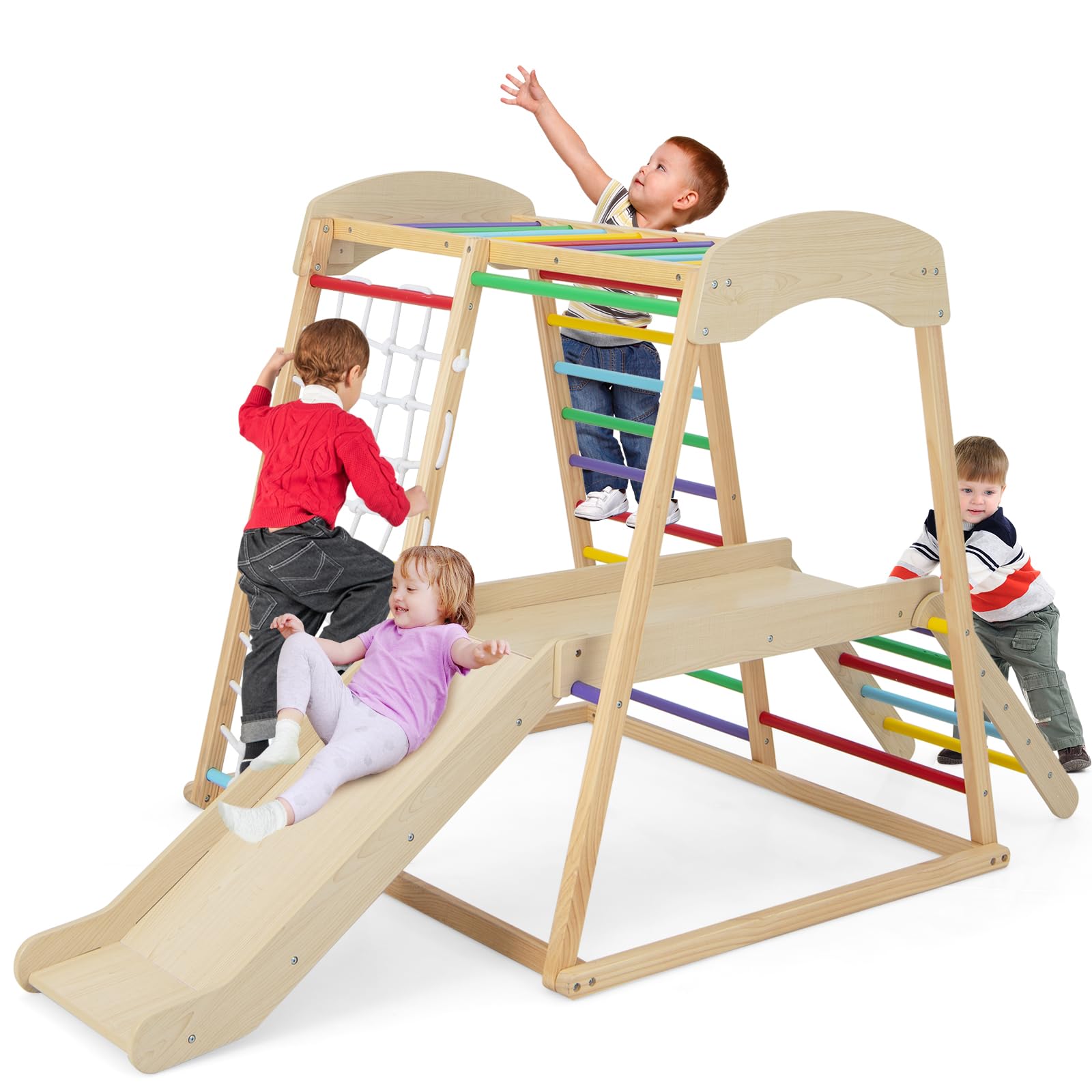 Costzon 6-in-1 Indoor Jungle Gym for Toddlers - Montessori Climbing Toys with Slide, Climbing Net & Monkey Bars - Wooden Playground Climber Playset for Kids - Perfect Gift for Birthday & Christmas - Ideal for Home Playroom, Daycare & Preschool Activities