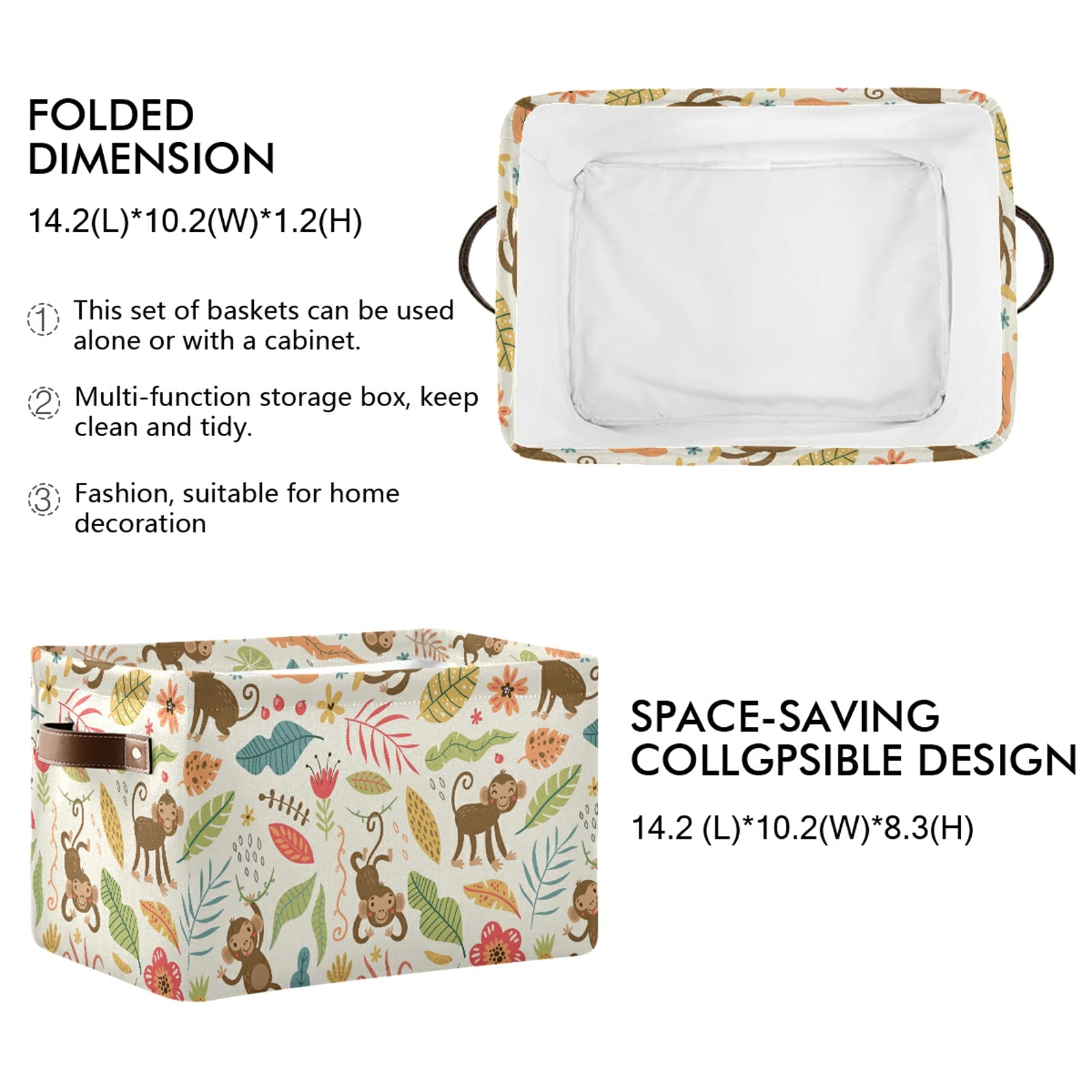 Cute Jungle Monkeys Foldable Storage Bin - Collapsible Fabric Storage Basket with Handles for Toys, Nursery, Closet & Office Organization (2-Pack) | Perfect for Kids' Room, Playroom & Home Storage Solutions