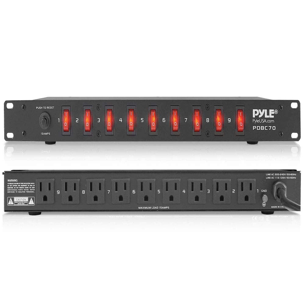 Pyle PDBC70 15 Amp 1800VA Rack Mount Power Strip with 9 Outlets, Surge Protector & AC Noise Filter - 2 Pack for Server Racks, Data Centers & Home Theater Setup