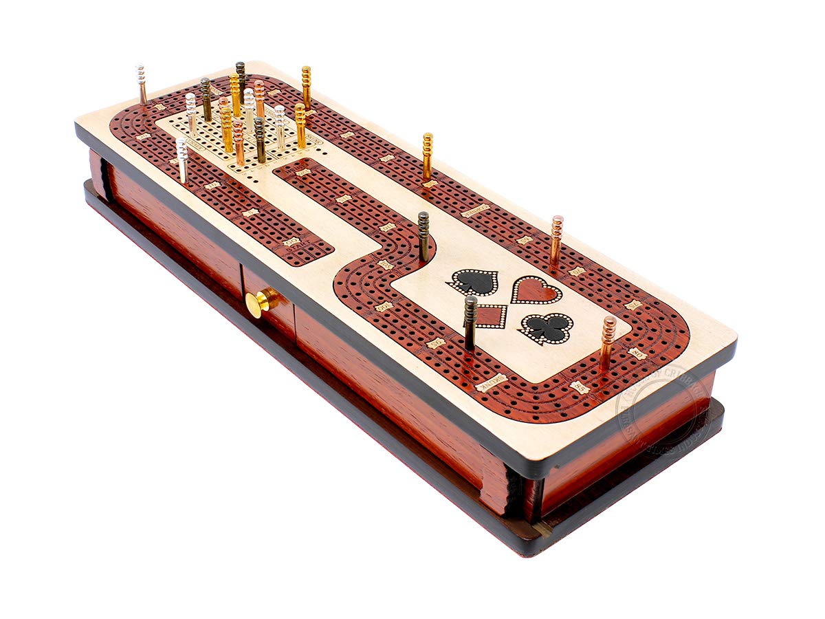 Premium Continuous Cribbage Board with 4 Tracks - Maple & Bloodwood Inlaid Box with Storage Drawer for Cards & Pegs - Score Marking Fields for Skunks, Corners & Won Games - Perfect for Family Game Nights & Travel Entertainment