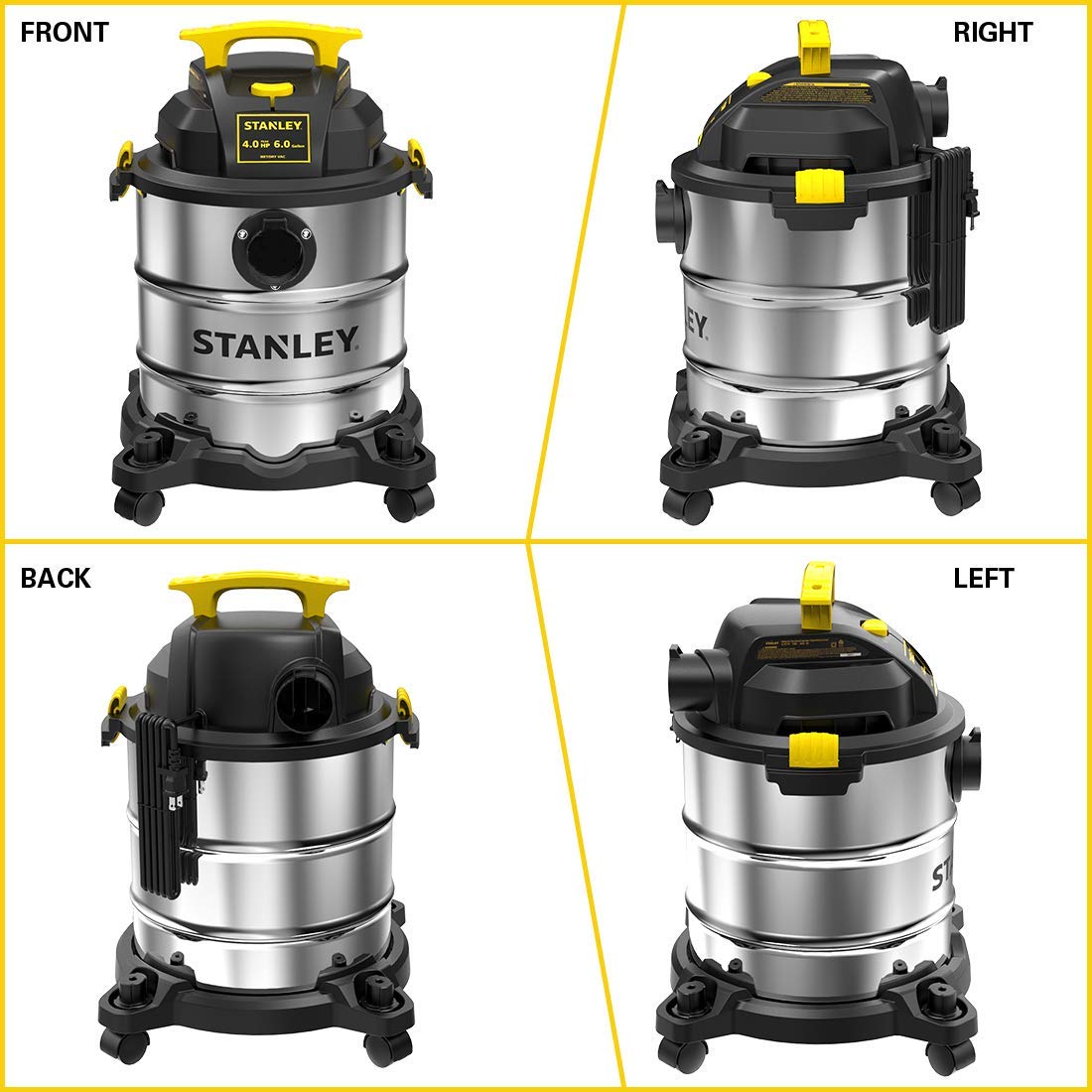 STANLEY 6 Gallon Wet Dry Vacuum Cleaner - 4 Peak HP Stainless Steel 3-in-1 Shop Vac with Blower Function | Powerful Multi-Purpose Vac for Home, Garage, Workshop, Jobsite, Basement Cleaning | Ideal for DIY Projects, Construction Debris, Liquid Spills, and Heavy Duty Cleaning Tasks (Model SL18116)