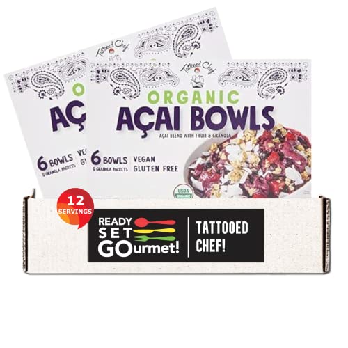 Organic Acai Bowl with Granola Packets - Frozen Fruit Blend (Strawberries, Banana, Blueberries) - Gluten-Free, Vegan, Healthy Snack - 2 Pack (6ct Each) - Ready-to-Eat Breakfast or Post-Workout Meal - Tattooed Chef - Supports Donate a Meal Program