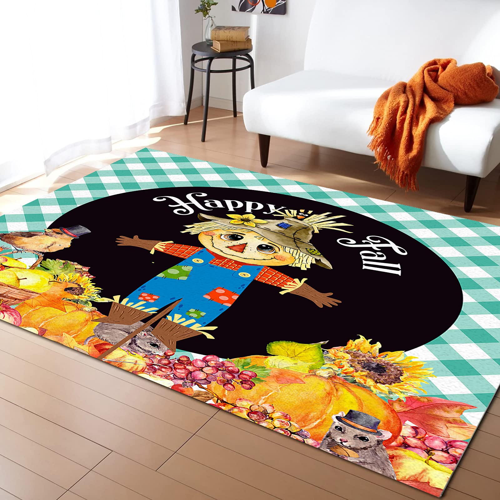 MuswannaA Non-Slip Area Rugs - Blue Buffalo Plaid Fall Scarecrow Pumpkin Design - Soft Contemporary Floor Carpet for Living Room, Bedroom, Nursery & Kids Play Mat - Perfect for Thanksgiving Decor & Home Decorating
