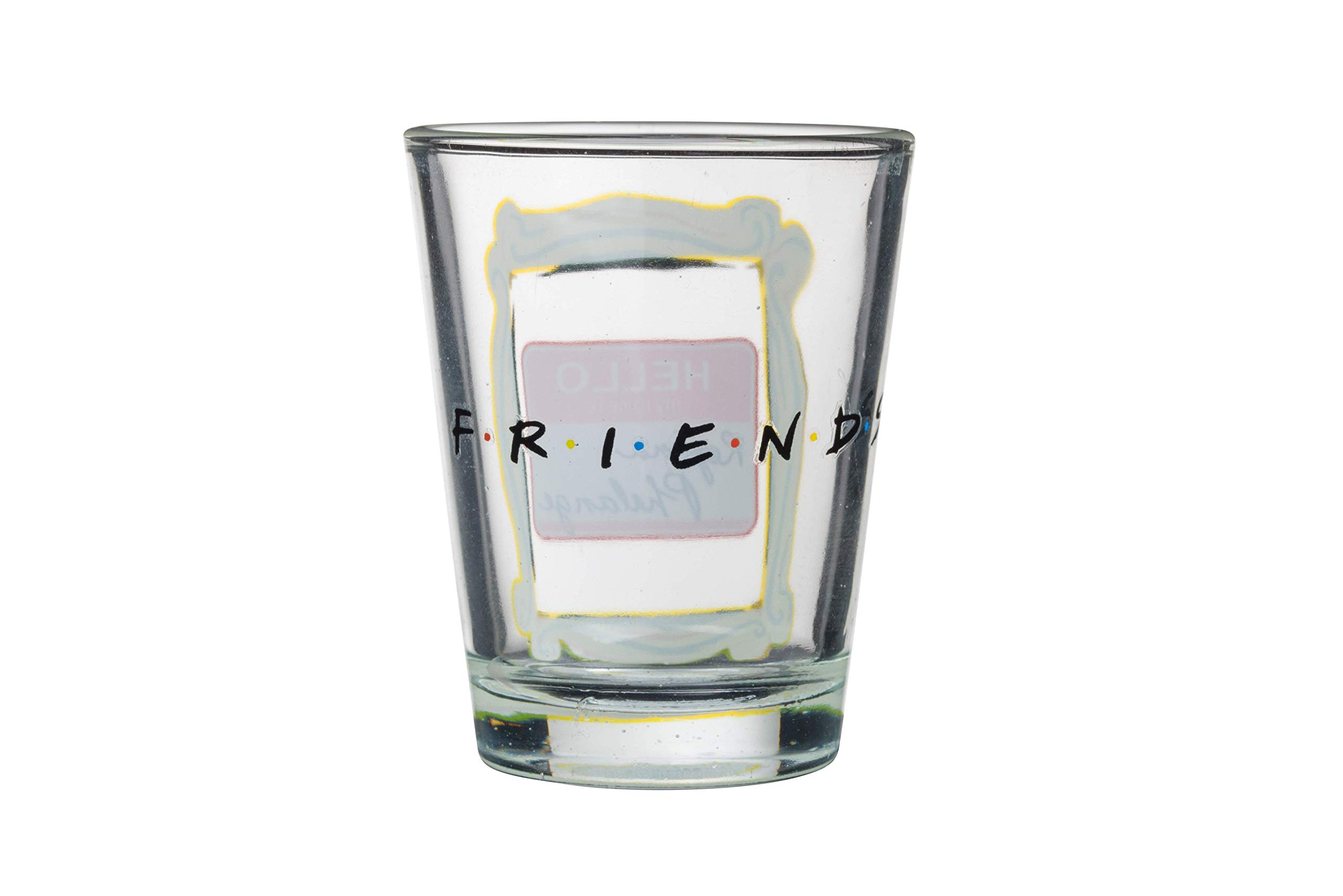 Friends TV Show Mini Glasses 4-Pack – Iconic Lobster, Smelly Cat, Regina Phalange & Central Perk Couch Designs in Yellow Frame (1.5 oz) – Perfect for Themed Parties, Collectibles & Fan Gifts
