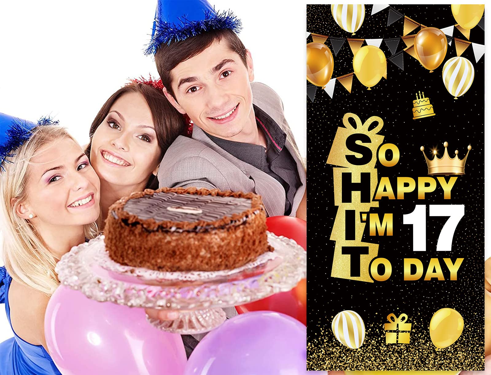 Happy 17th Birthday Banner - Black & Gold Backdrop with Crown for Sweet Seventeen Party Decorations | Perfect for Photo Booth Props, Wall Decor & Birthday Favors | Great for Teens, Boys & Girls Celebration
