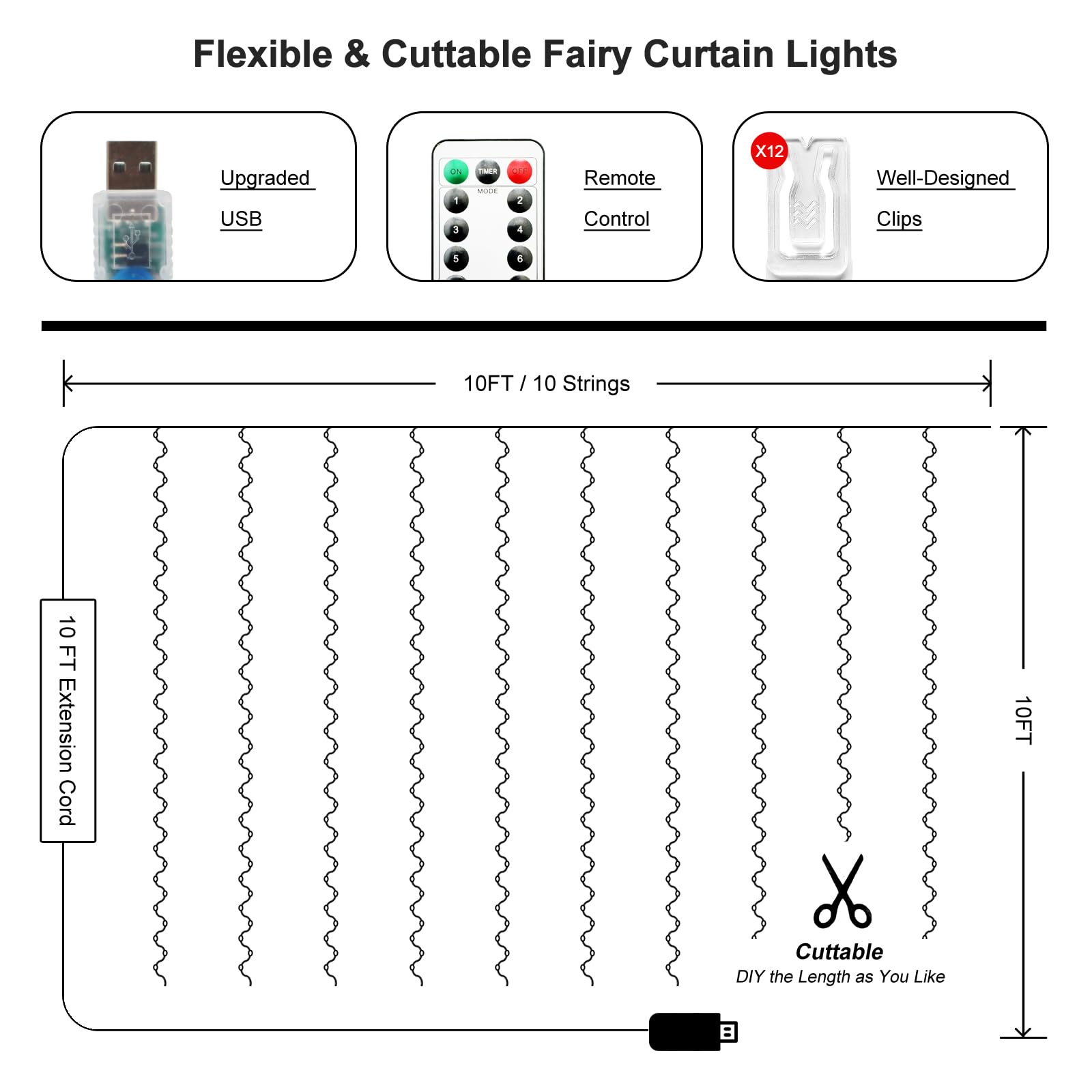 300 LED Fairy Curtain Lights - 9.8 x 9.8FT Warm White USB String Lights with Remote Control (8 Lighting Modes) for Christmas Decorations, Bedroom, Wedding, Party & Outdoor Use - Indoor/Outdoor Waterproof Hanging Lights for Home, Garden, Patio and Special Events