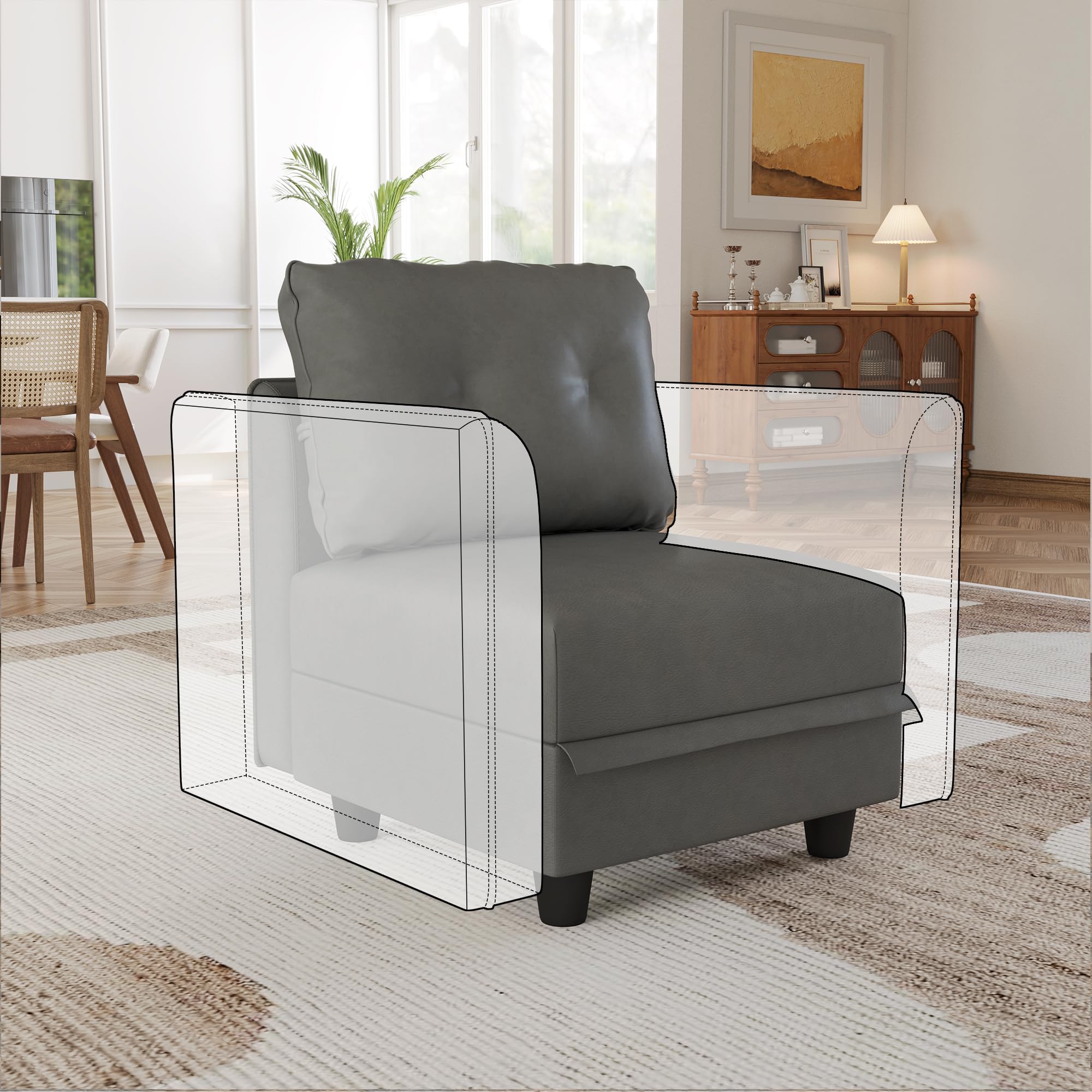 Modular Sofa Middle Section with Storage - Customizable Sectional Couch, Armless Accent Chair, Modern Faux Leather Fabric (Dark Grey) - Perfect for Living Room, Home Theater & Small Space Furniture Arrangement