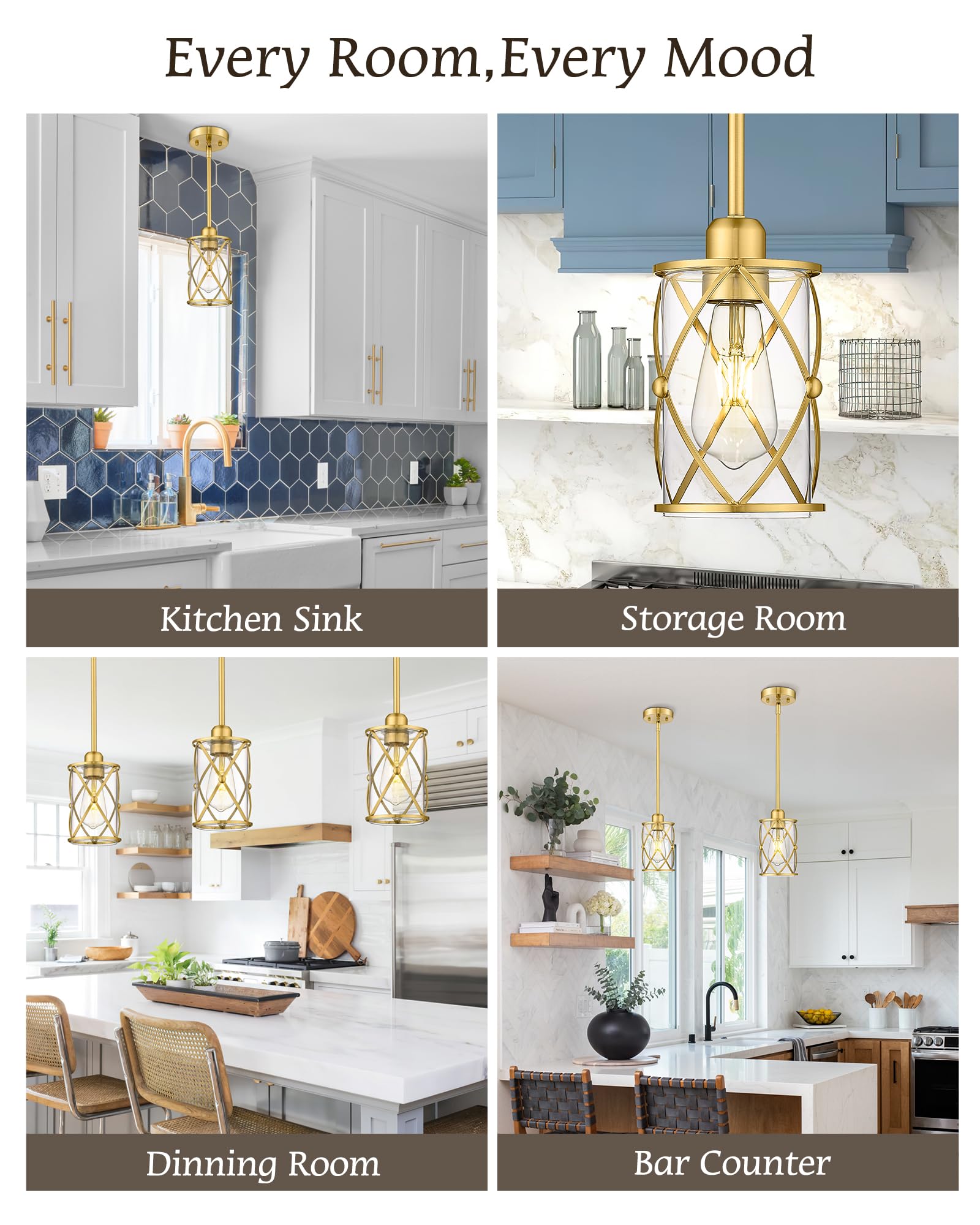 Brushed Gold Pendant Lights for Kitchen Island - 2 Pack Farmhouse Brass Glass Cage Hanging Light Fixture with Rod - Perfect for Kitchen, Dining Room, Bathroom, and Sink Areas - CH9176BG-2PKG