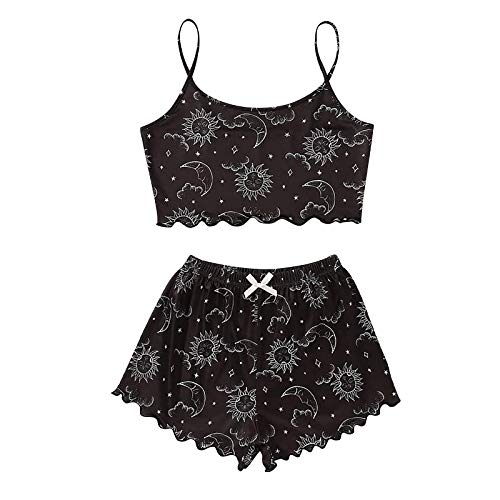 Women's Printed Camisole Lounge Wear Set - Soft Sleepwear Tops & Pants Pajama Set - Comfortable Night Dress for Home, Vacation & Relaxation (Black, Size S)