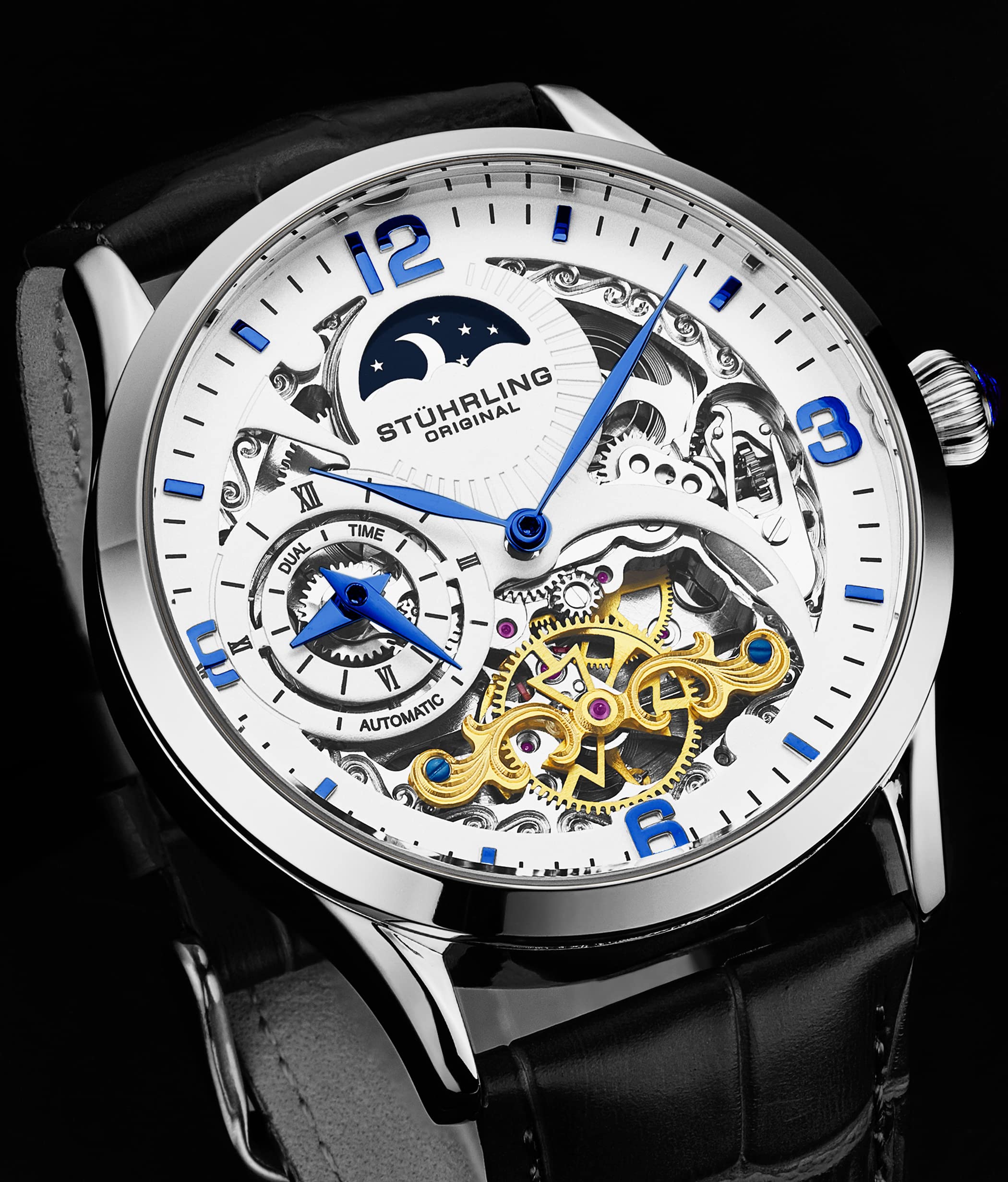 Stuhrling Original Men's Automatic Skeleton Watch with Dual Time, AM/PM Sun Moon Display & Genuine Leather Band - Luxury Dress Watch for Business, Formal Occasions & Everyday Wear