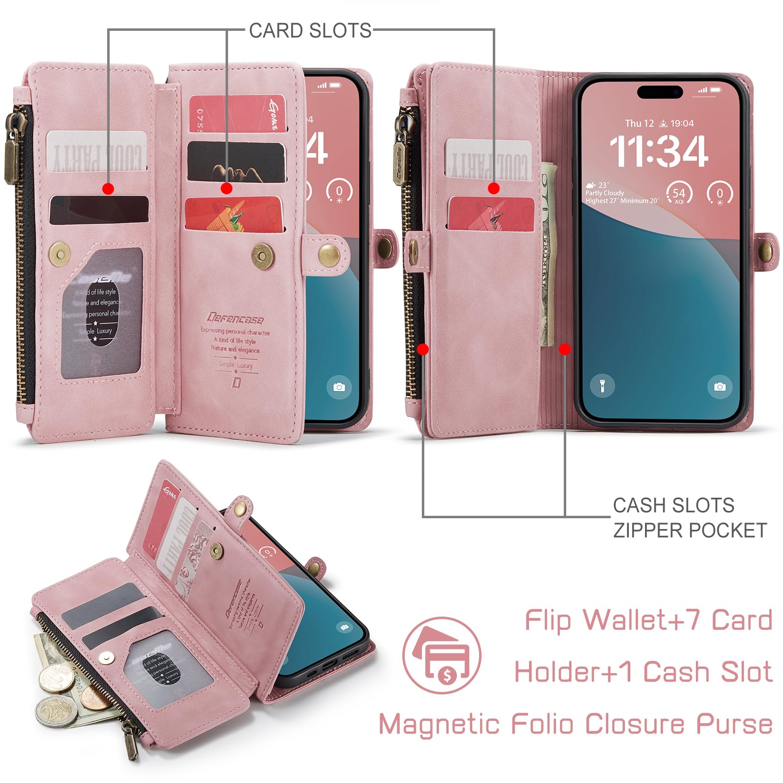RFID Blocking iPhone 12/Pro Wallet Case - PU Leather Magnetic Flip Cover with Card Holder & Zipper Strap | Compatible with iPhone 12 & 12 Pro 6.1