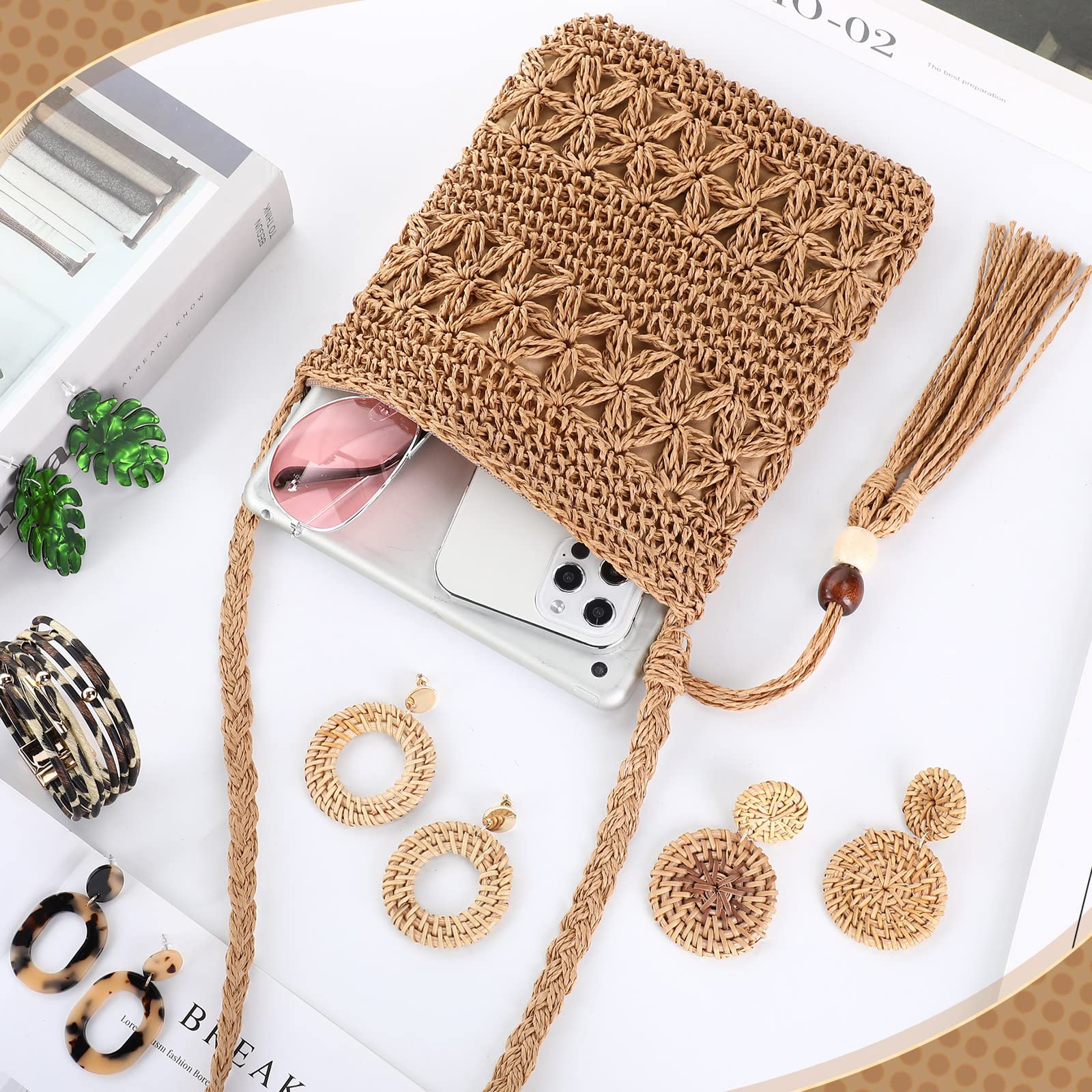 Boho Straw Shoulder Bag for Women - Crossbody Beach Purse Set with 4 Rattan Tropical Earrings & Leopard Bracelet - Perfect for Vacation, Summer Outings, and Boho Fashion Accessories