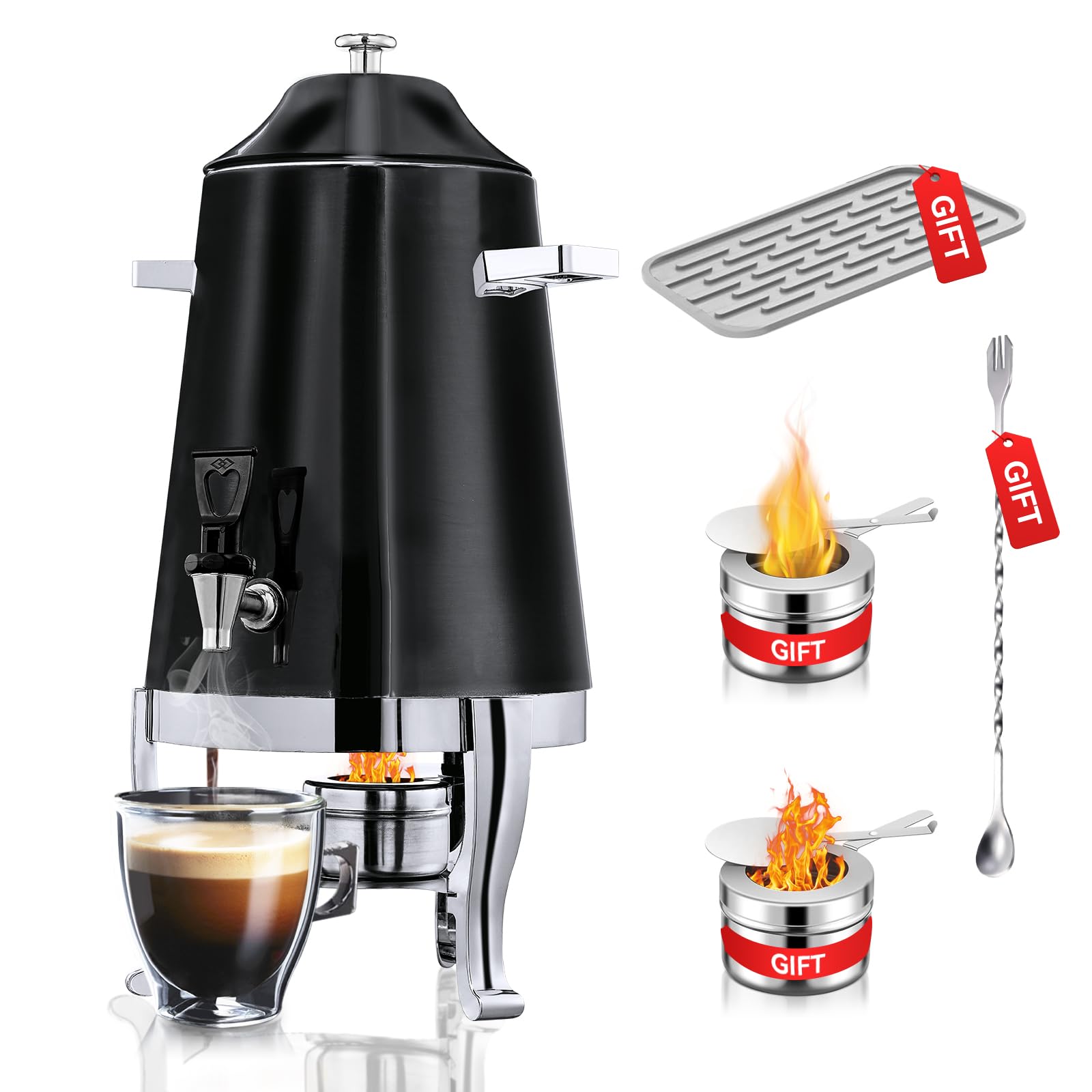 **13L Stainless Steel Coffee Urn with Fuel Holder & Spigot - 3.5 Gallon Hot Beverage Dispenser for Coffee, Tea, Hot Water - Perfect for Parties, Catering & Events (Painted Black, Includes Stand)**
