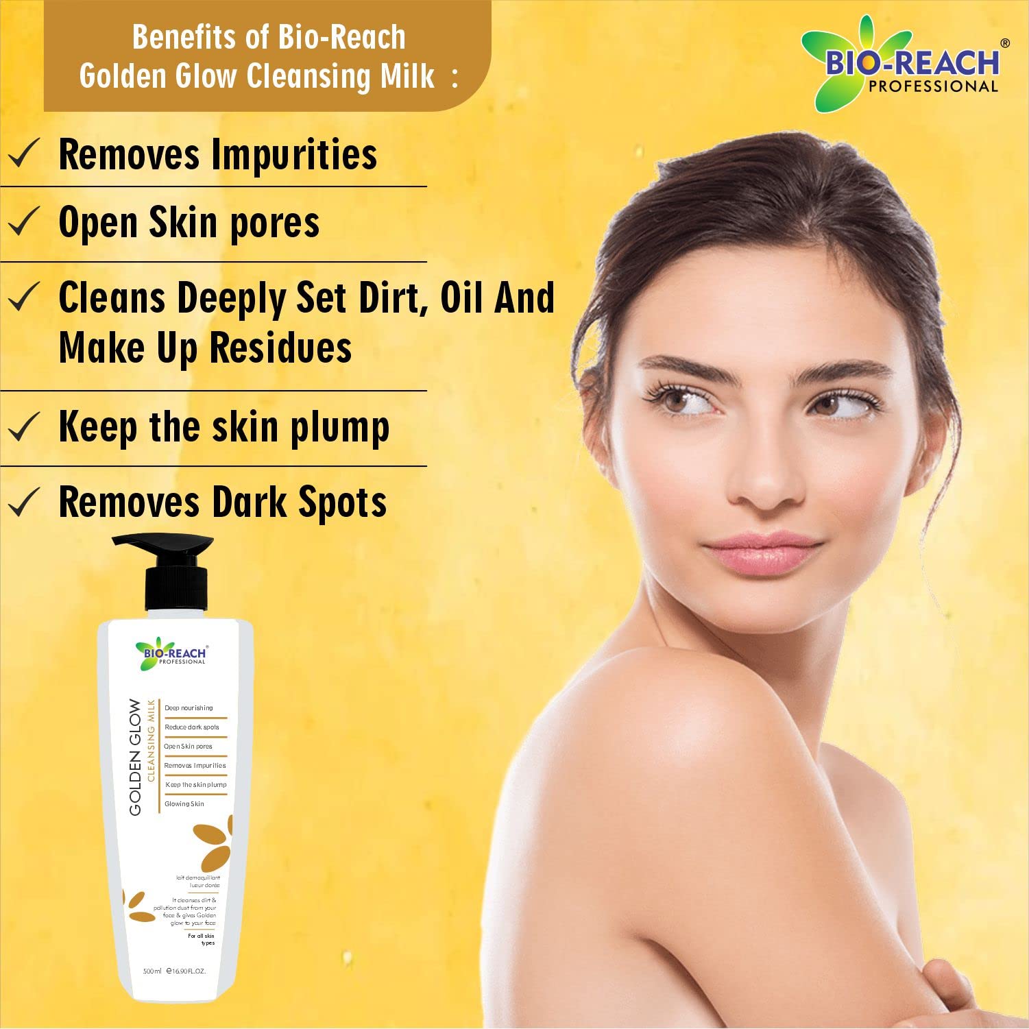 BIO-REACH Golden Glow Cleansing Milk - Hydrating Facial Cleanser for Dry & Sensitive Skin (2 x 500ml) | Gentle Makeup Remover & Daily Skincare Routine Essential
