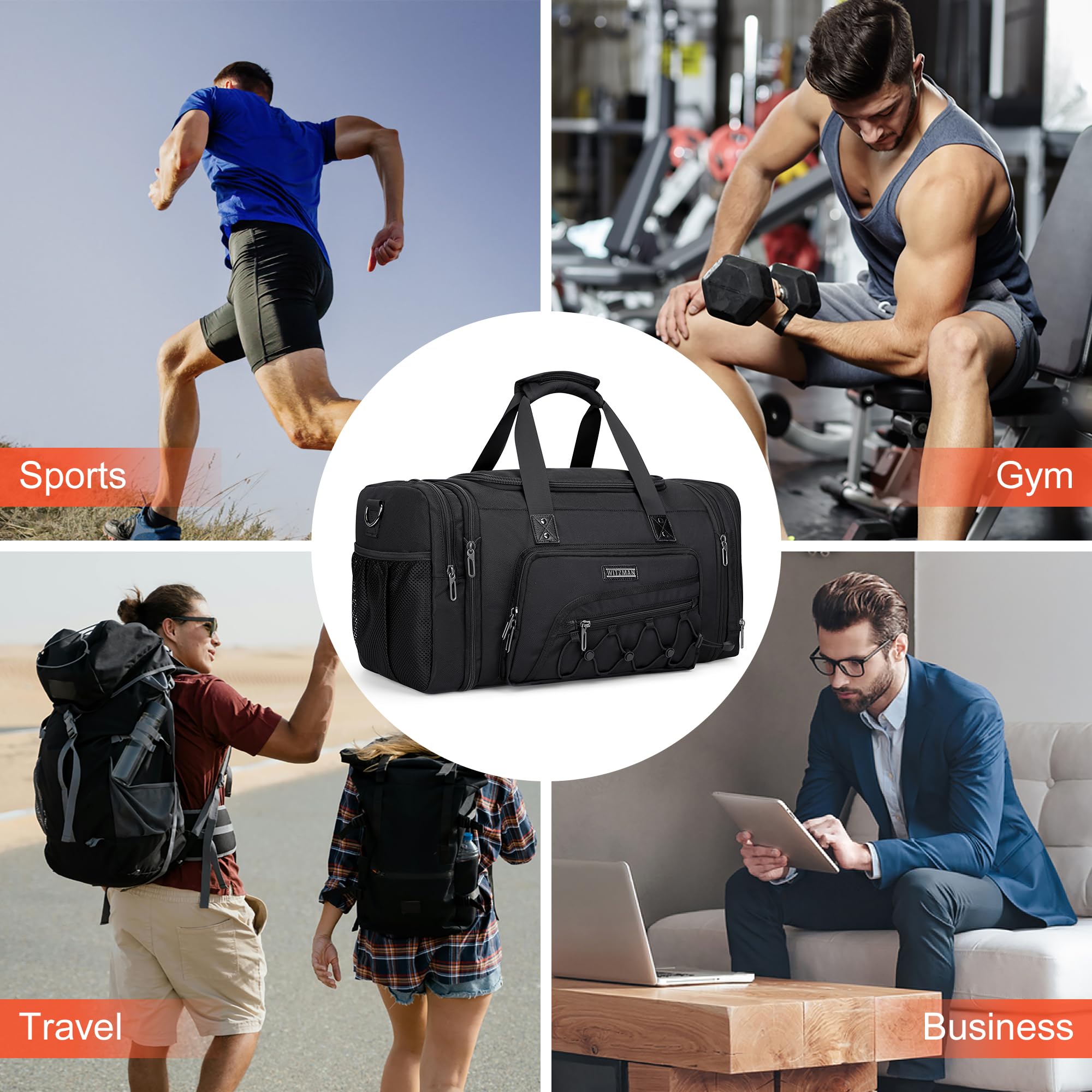 WITZMAN Men's Large Nylon Duffle Bag - Expandable Gym Weekender with Shoe Compartment, Carry On Overnight Bag (B695 Black) - Perfect for Travel, Workout & Weekend Getaways